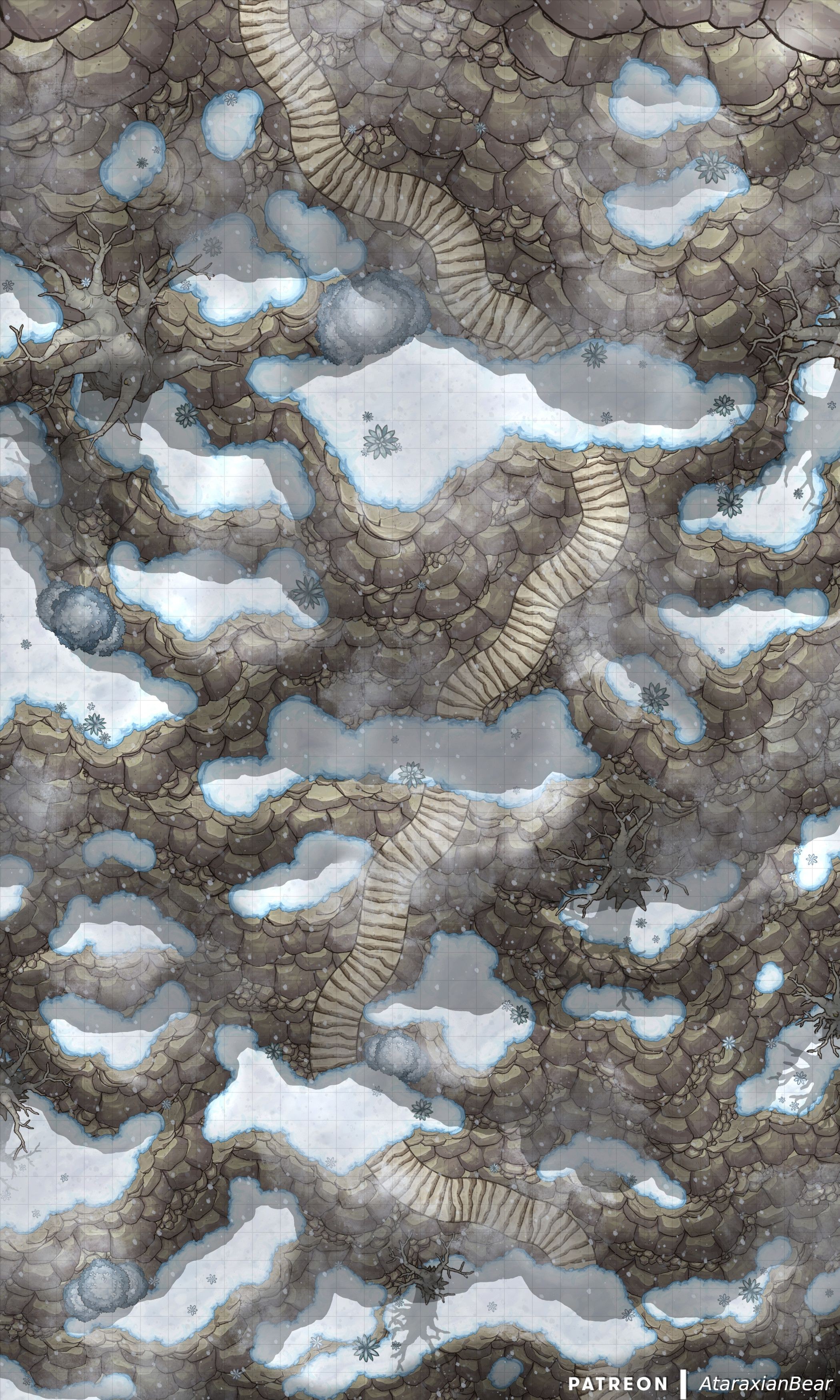 mountain pass map dnd, carte de JDR fantasy (2100×3500 pixels) — battlemap pour Roll20 et Foundry VTT.