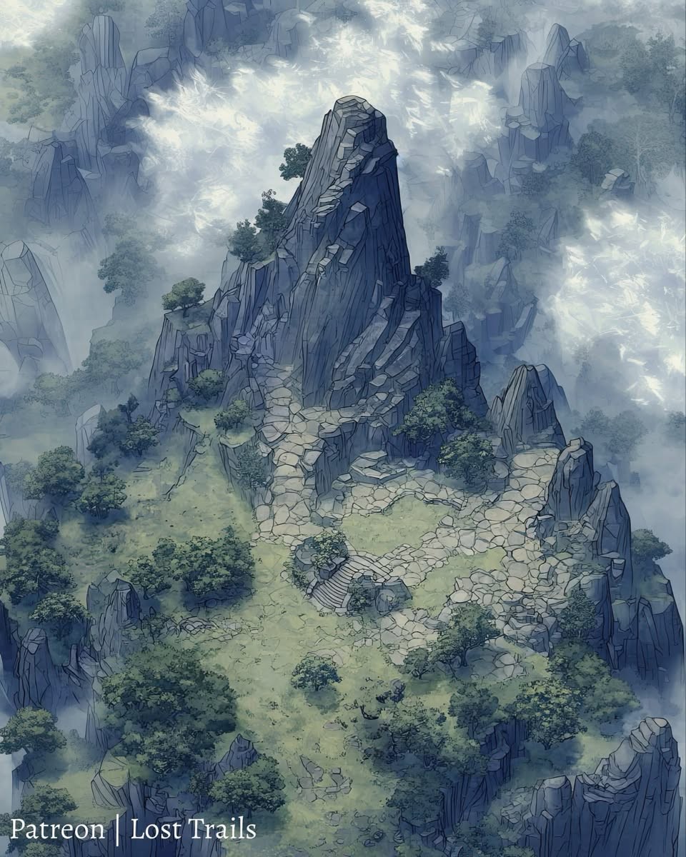 mountain pass map dnd, carte de JDR fantasy (960×1200 pixels) — battlemap pour Roll20 et Foundry VTT.