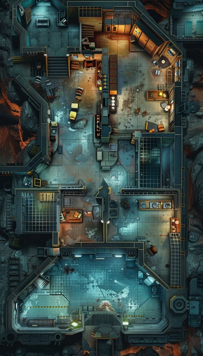 nuclear shelter map, carte de JDR post-apocalyptique (686×1200 pixels) — battlemap pour Roll20 et Foundry VTT.