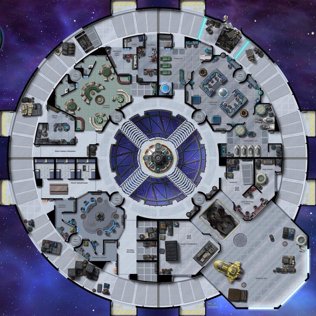 orbital station map, carte de JDR science-fiction (1024×1024 pixels) — battlemap pour Roll20 et Foundry VTT.