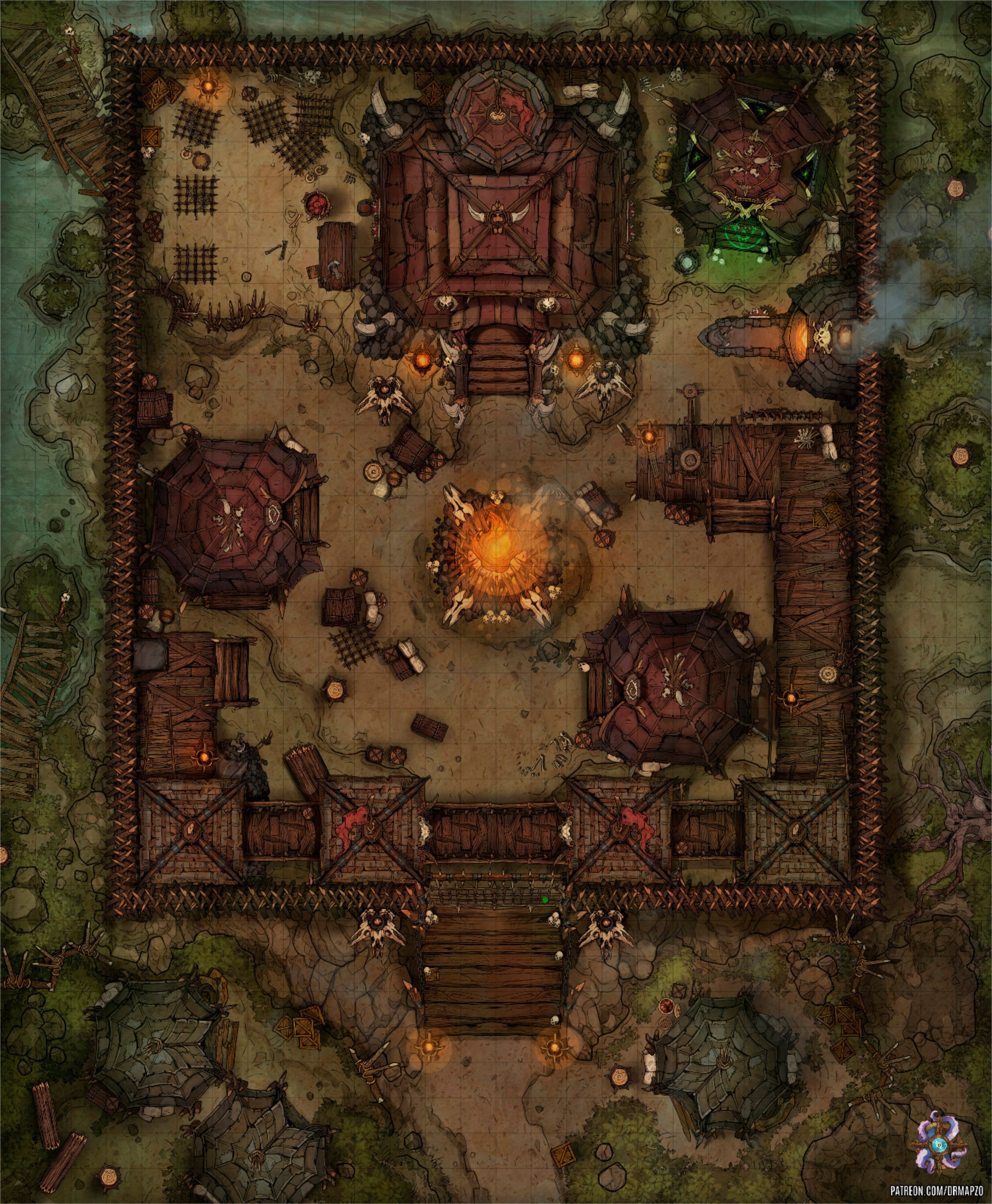 orc encampment map, carte de JDR fantasy (3374×4097 pixels) — battlemap pour Roll20 et Foundry VTT.