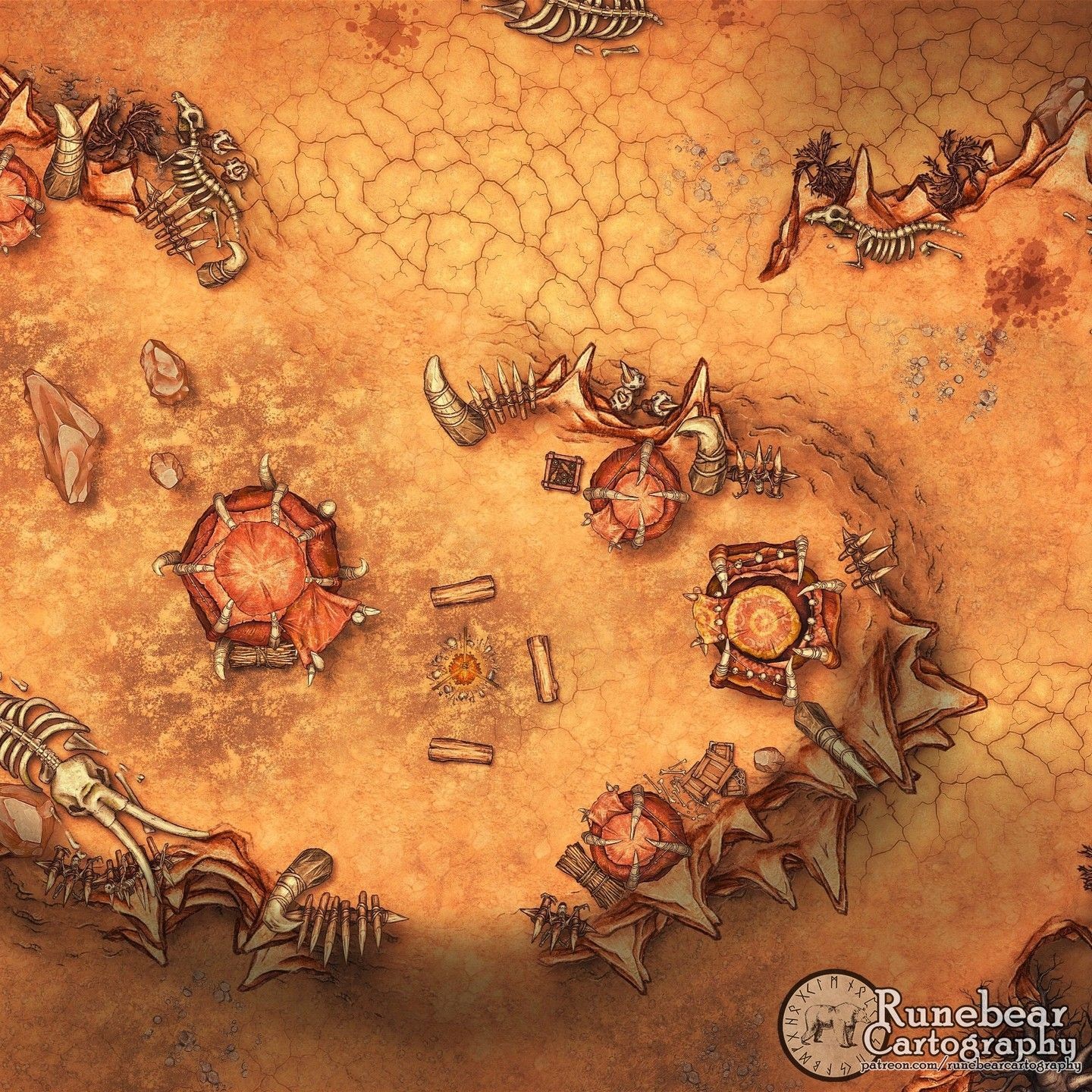 orc encampment map, carte de JDR fantasy (1440×1440 pixels) — battlemap pour Roll20 et Foundry VTT.