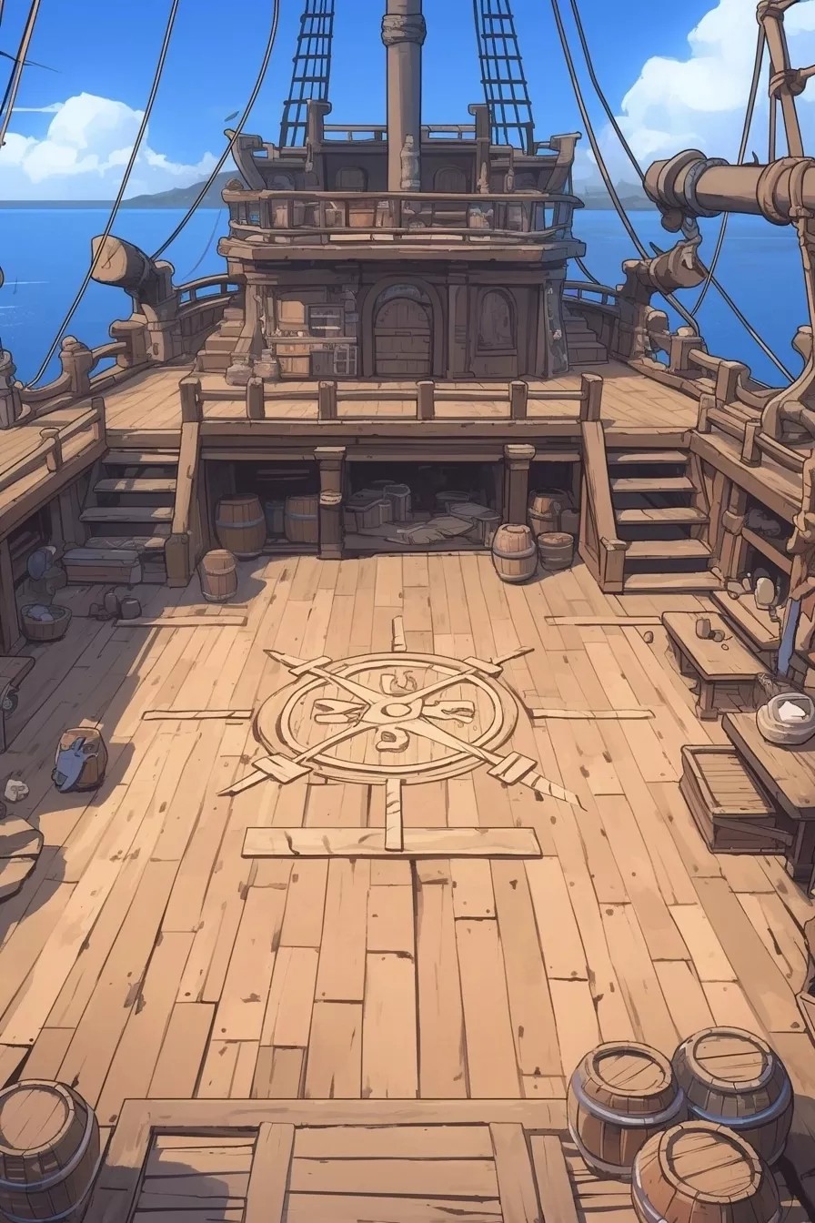 pirate ship deck map, carte de JDR fantasy (896×1344 pixels) — battlemap pour Roll20 et Foundry VTT.