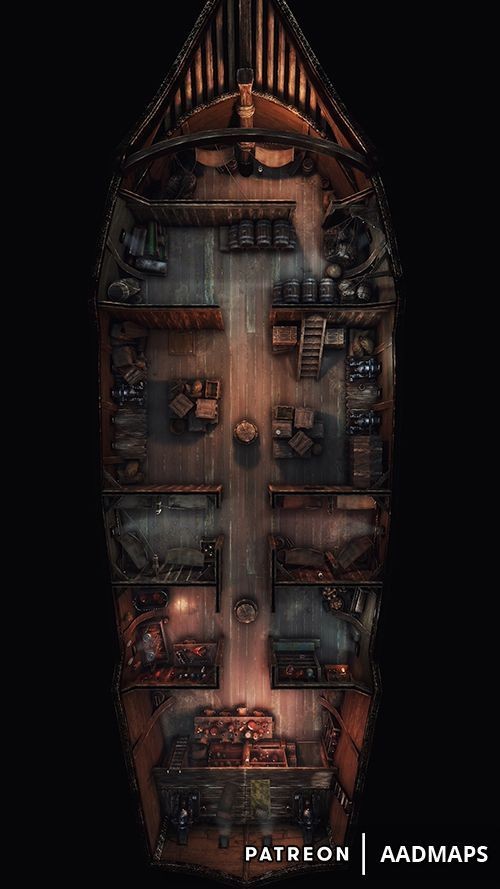 pirate ship deck map, carte de JDR fantasy (500×889 pixels) — battlemap pour Roll20 et Foundry VTT.