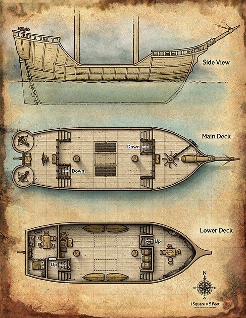 pirate ship deck map, carte de JDR fantasy (487×630 pixels) — battlemap pour Roll20 et Foundry VTT.