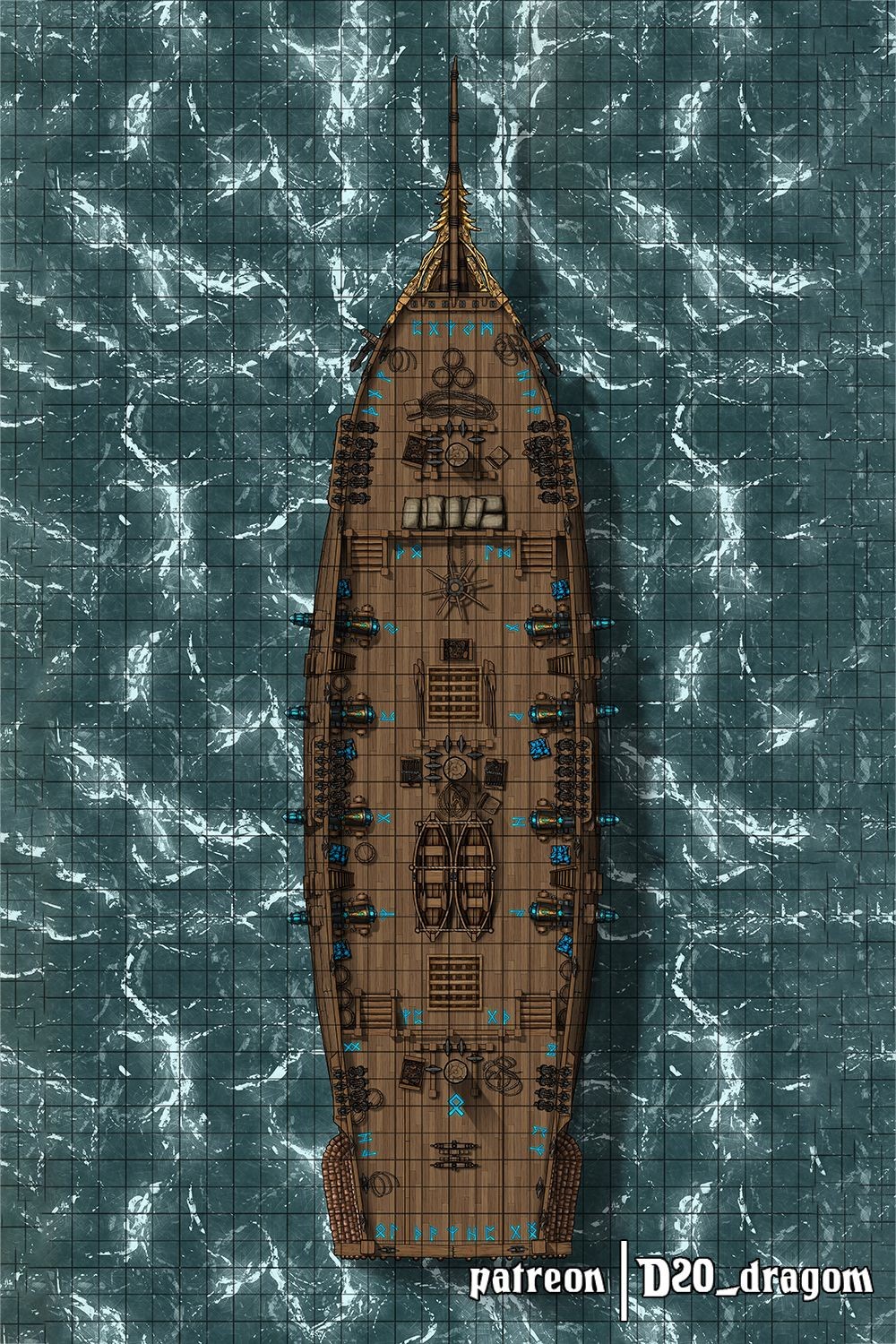 pirate ship deck map, carte de JDR fantasy (1000×1500 pixels) — battlemap pour Roll20 et Foundry VTT.