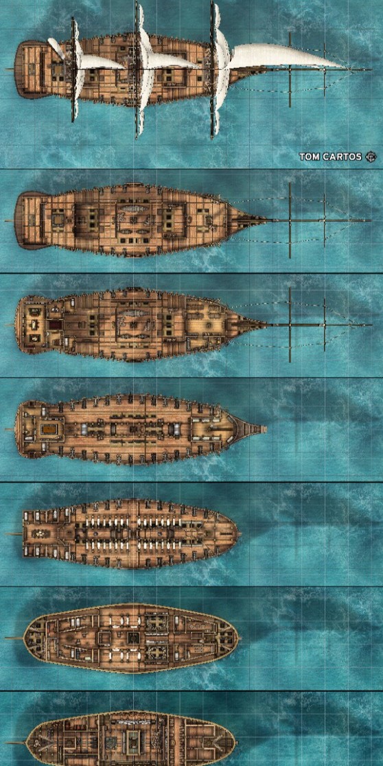pirate ship deck map, carte de JDR fantasy (558×1116 pixels) — battlemap pour Roll20 et Foundry VTT.