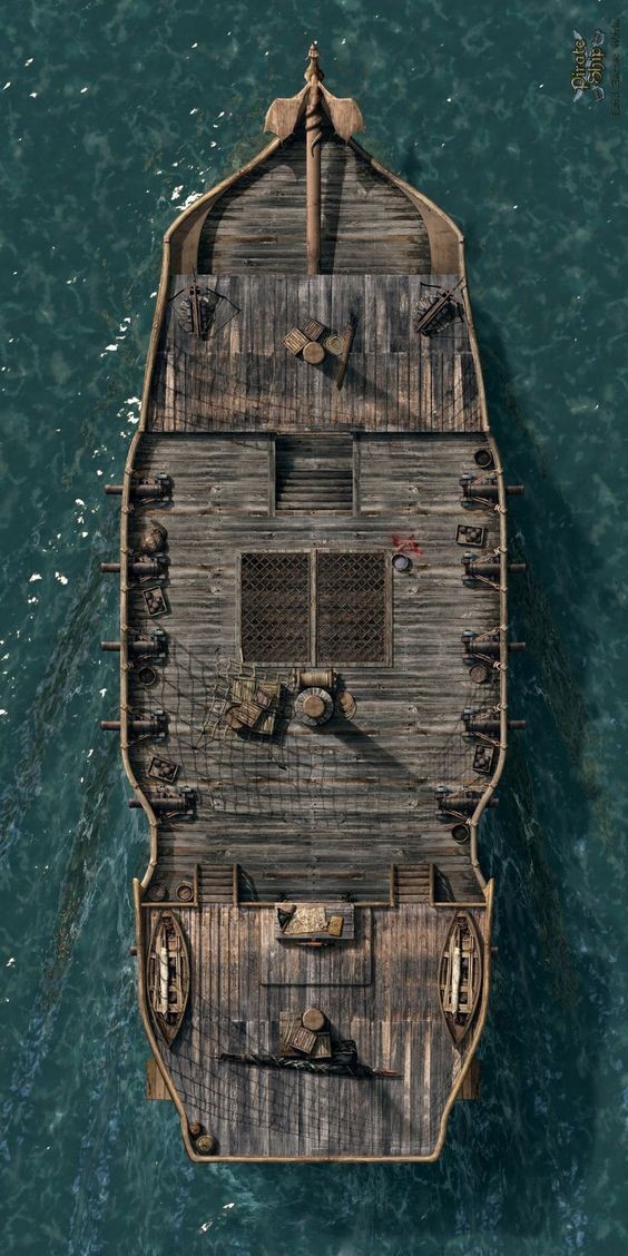 pirate ship deck map, carte de JDR fantasy (564×1128 pixels) — battlemap pour Roll20 et Foundry VTT.