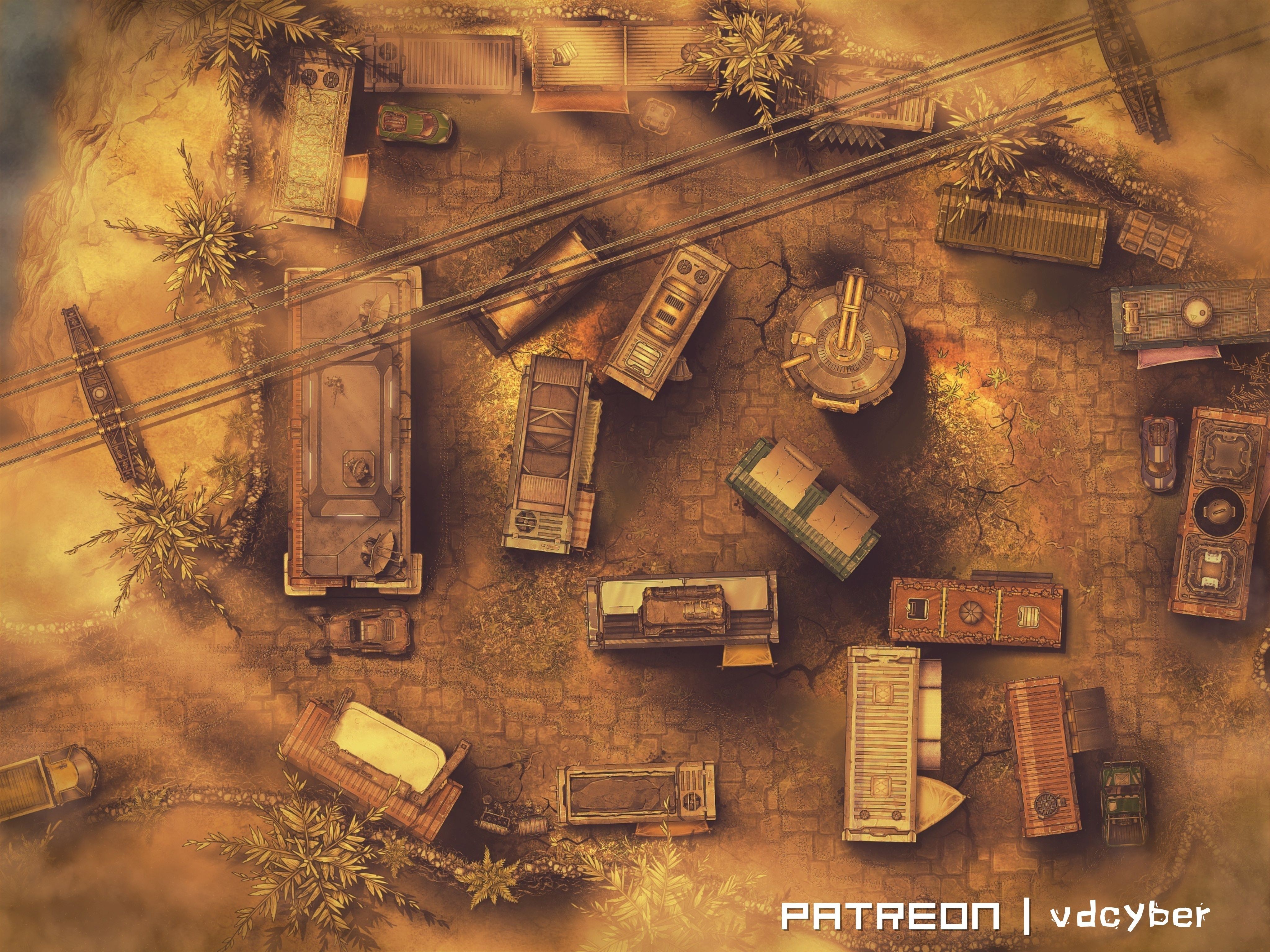 post apocalyptic camp map, carte de JDR post-apocalyptique (4096×3072 pixels) — battlemap pour Roll20 et Foundry VTT.