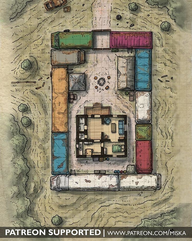 post apocalyptic camp map, carte de JDR post-apocalyptique (750×938 pixels) — battlemap pour Roll20 et Foundry VTT.