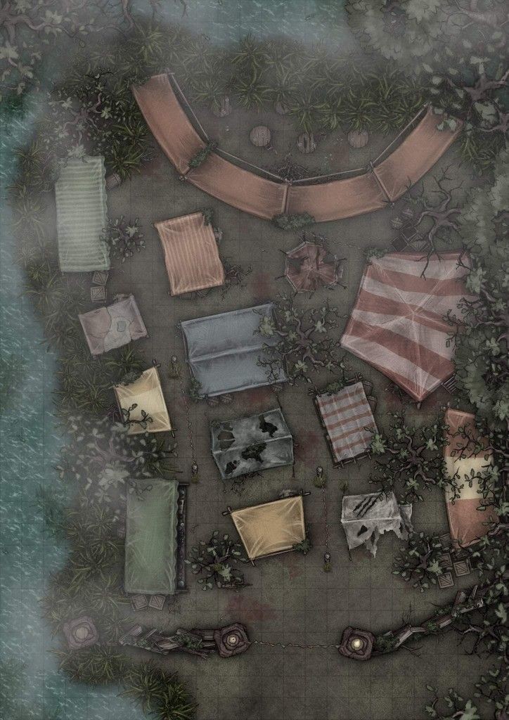 post apocalyptic camp map, carte de JDR post-apocalyptique (724×1024 pixels) — battlemap pour Roll20 et Foundry VTT.