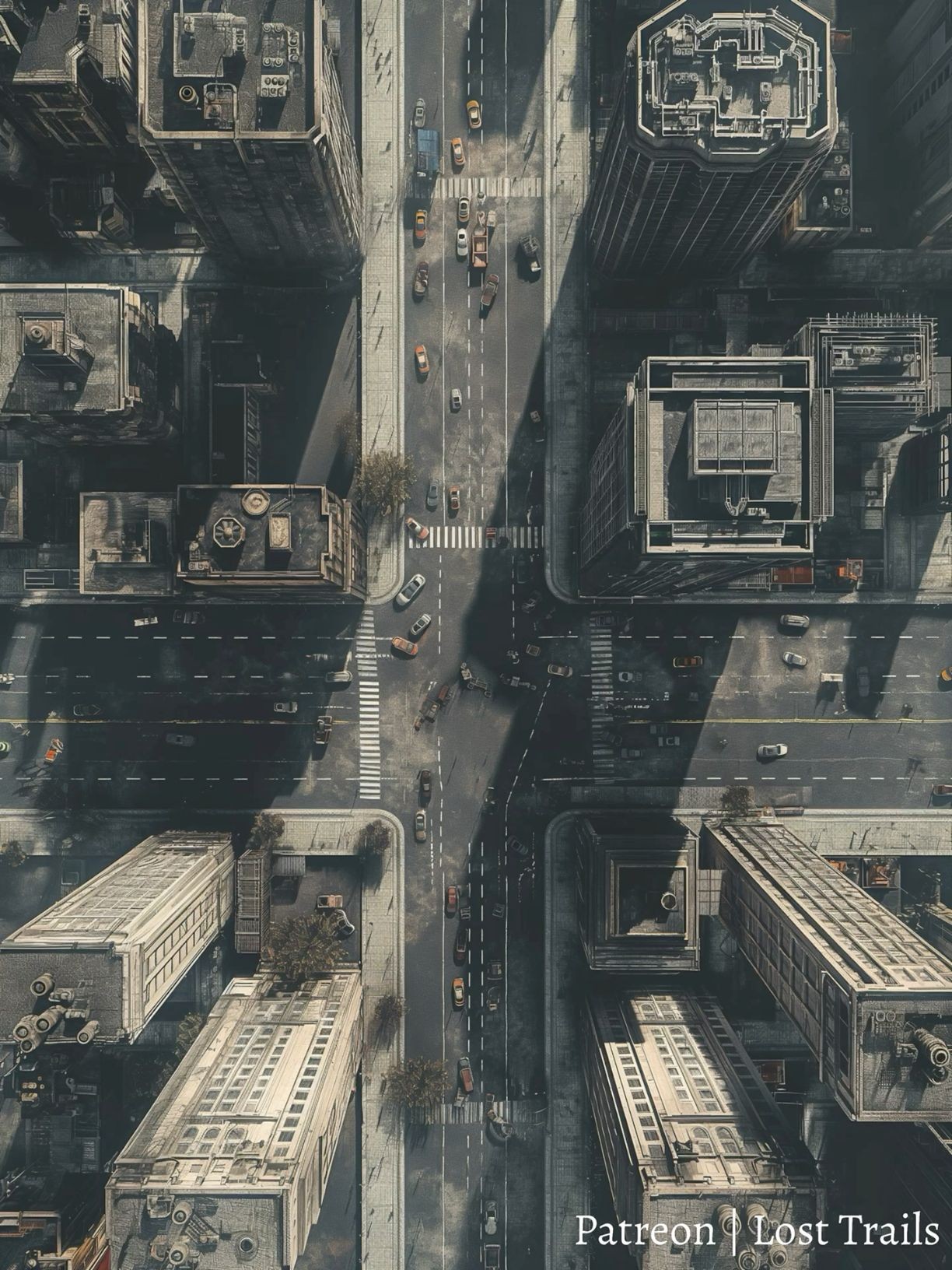 post apocalyptic city map, carte de JDR post-apocalyptique (1224×1632 pixels) — battlemap pour Roll20 et Foundry VTT.