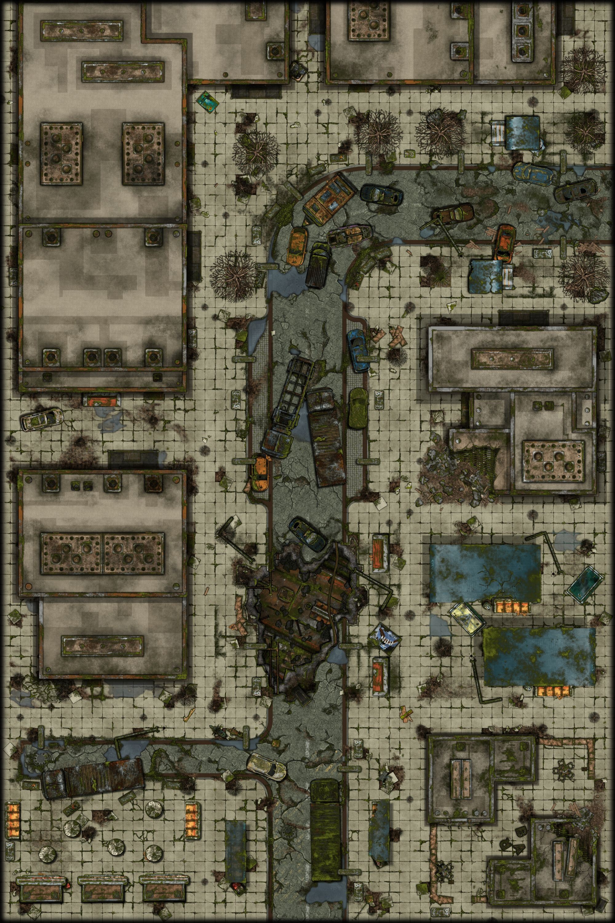 post apocalyptic city map, carte de JDR post-apocalyptique (2000×3000 pixels) — battlemap pour Roll20 et Foundry VTT.