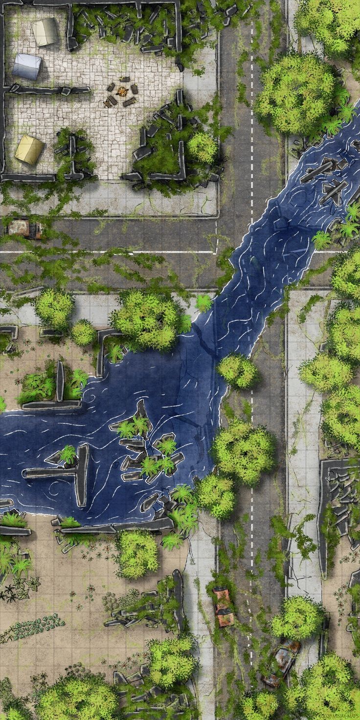 post apocalyptic city map, carte de JDR post-apocalyptique (736×1472 pixels) — battlemap pour Roll20 et Foundry VTT.