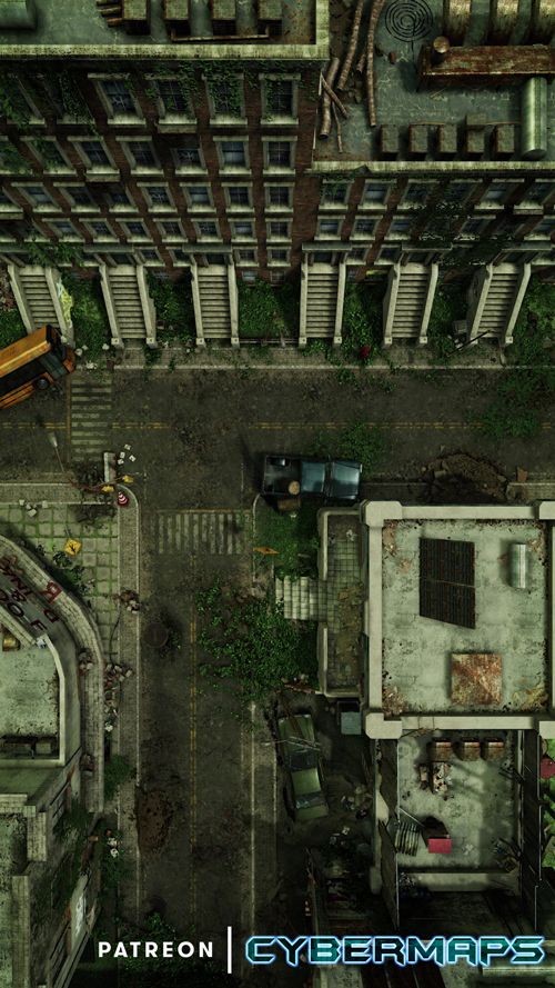 post apocalyptic city map, carte de JDR post-apocalyptique (500×889 pixels) — battlemap pour Roll20 et Foundry VTT.