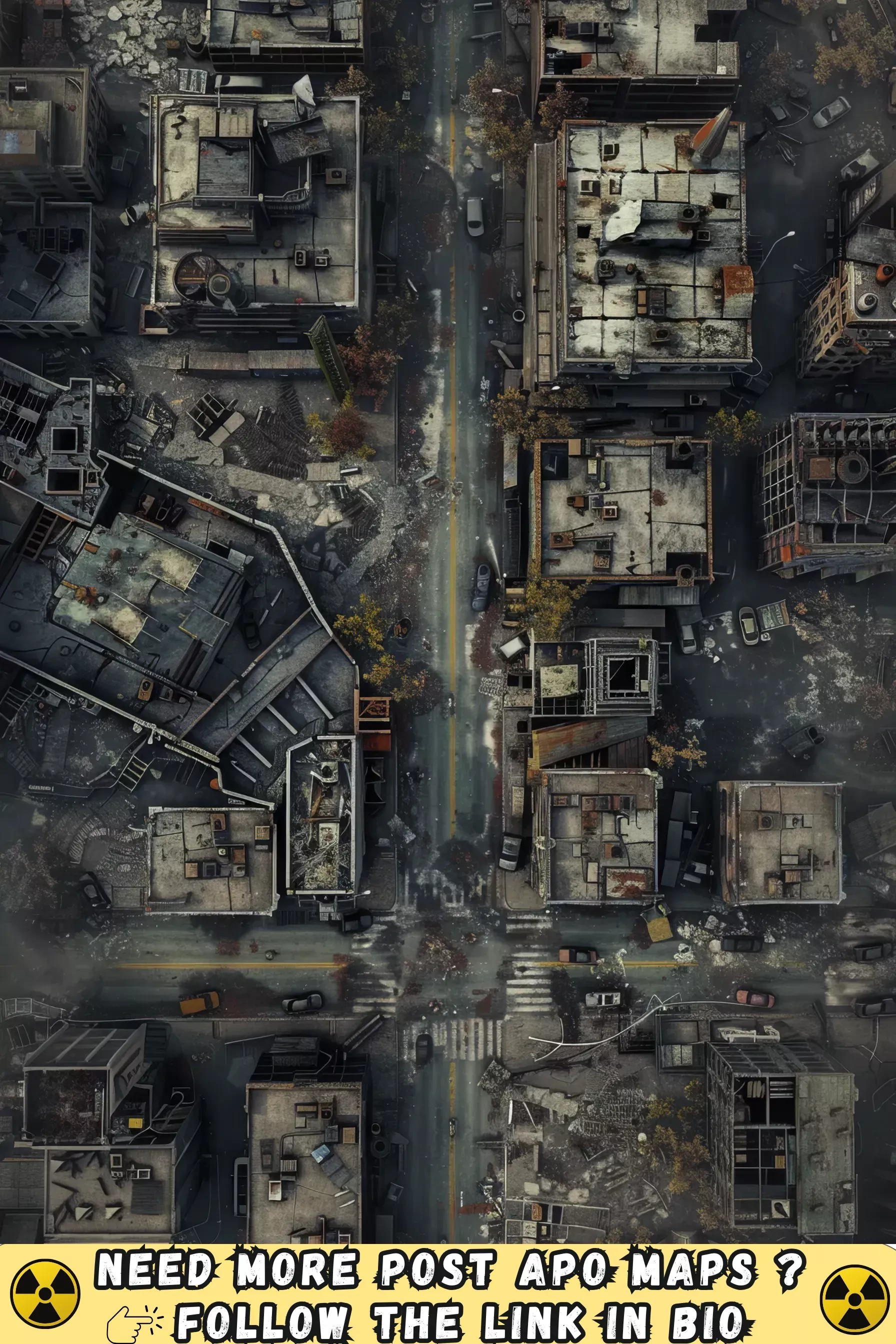post apocalyptic city map, carte de JDR post-apocalyptique (1792×2688 pixels) — battlemap pour Roll20 et Foundry VTT.
