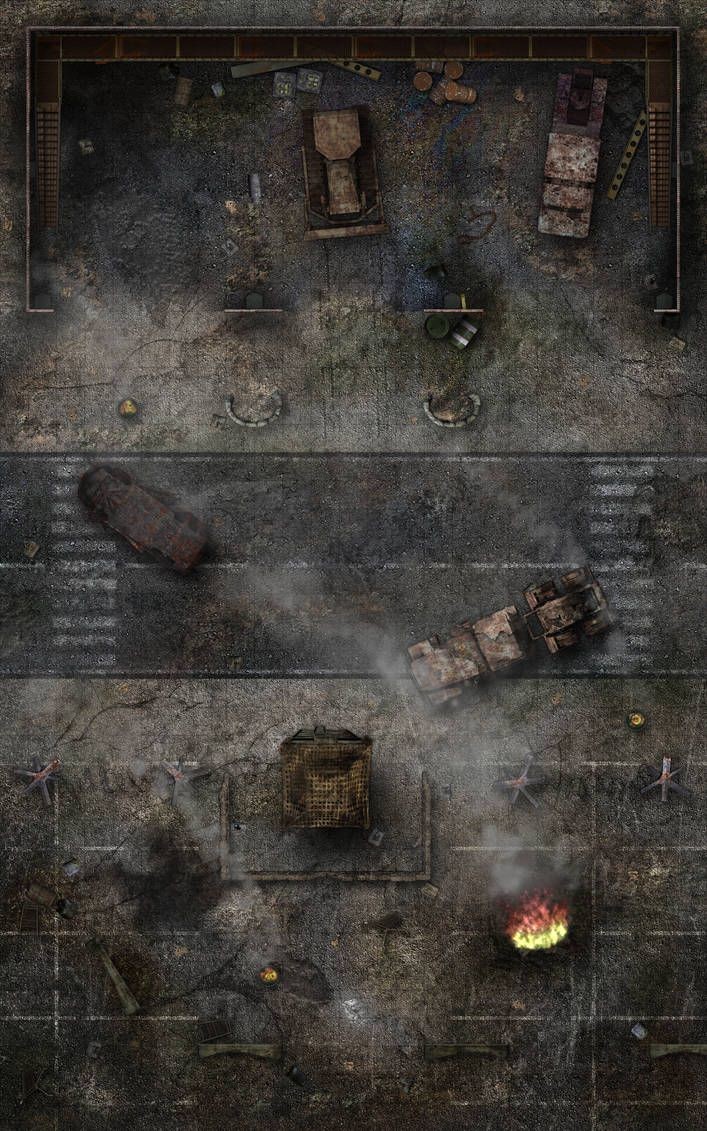 post apocalyptic city map, carte de JDR post-apocalyptique (707×1131 pixels) — battlemap pour Roll20 et Foundry VTT.