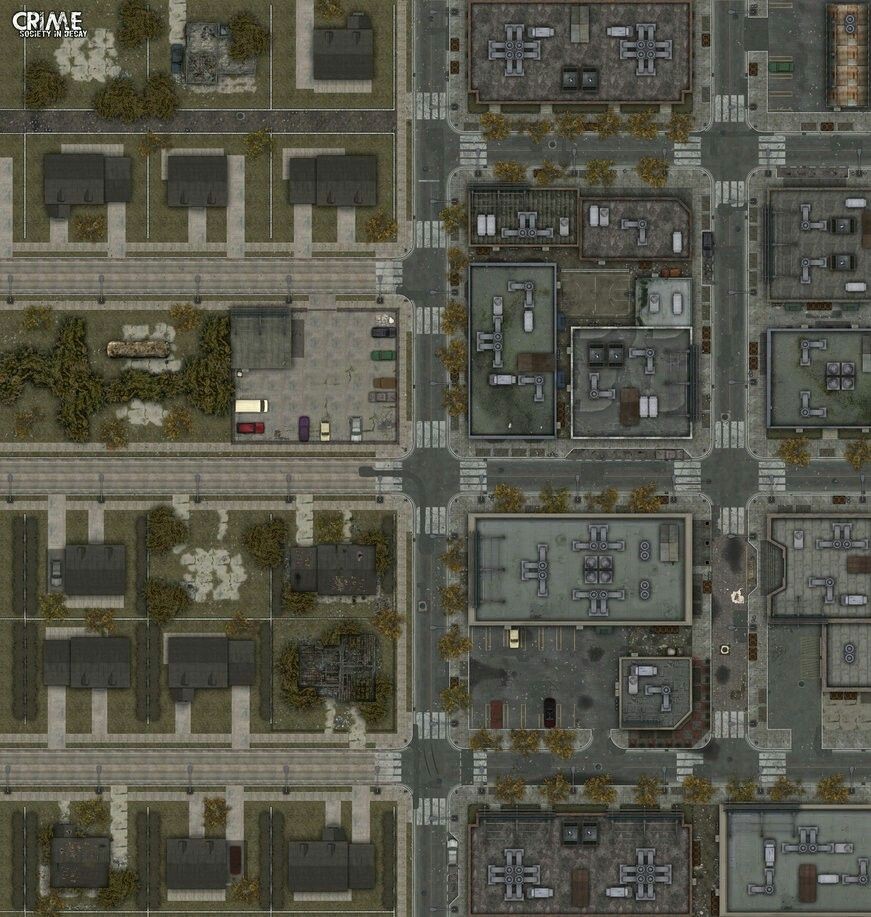 post apocalyptic city map, carte de JDR post-apocalyptique (871×917 pixels) — battlemap pour Roll20 et Foundry VTT.