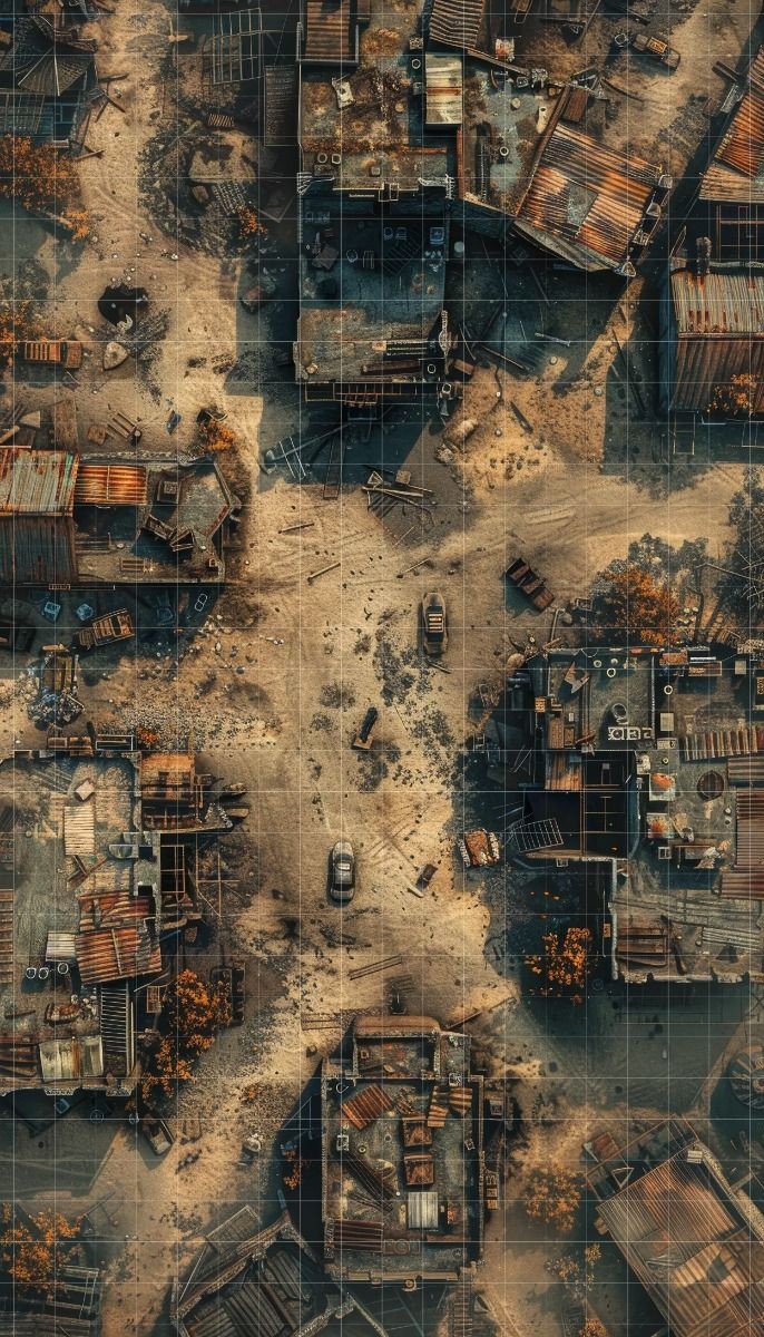 post apocalyptic city map, carte de JDR post-apocalyptique (686×1200 pixels) — battlemap pour Roll20 et Foundry VTT.