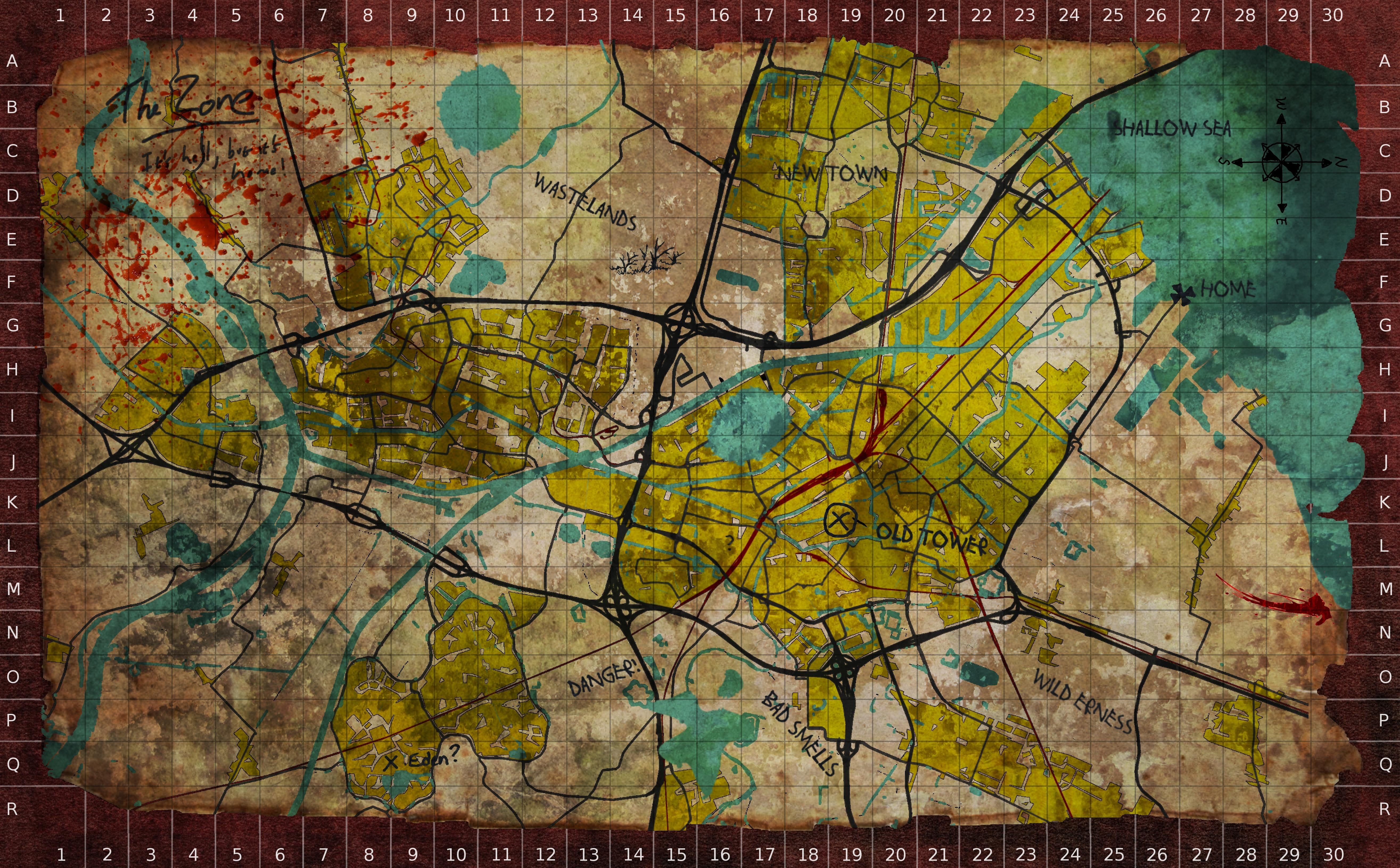 post apocalyptic city map, carte de JDR post-apocalyptique (5260×3260 pixels) — battlemap pour Roll20 et Foundry VTT.