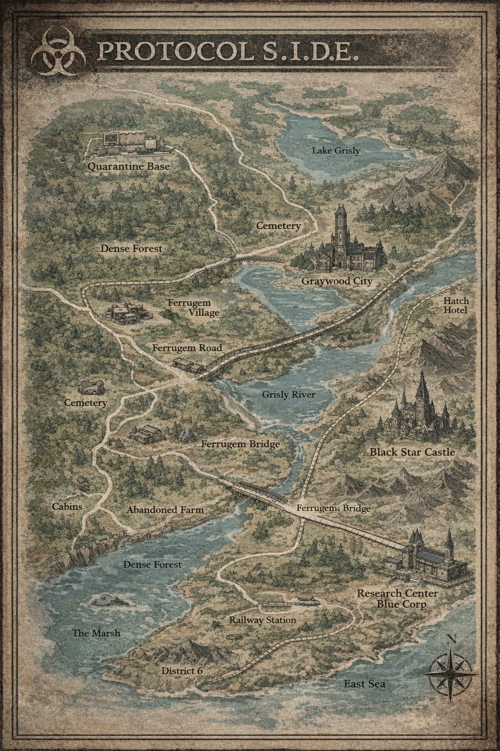 post apocalyptic city map, carte de JDR post-apocalyptique (1024×1536 pixels) — battlemap pour Roll20 et Foundry VTT.