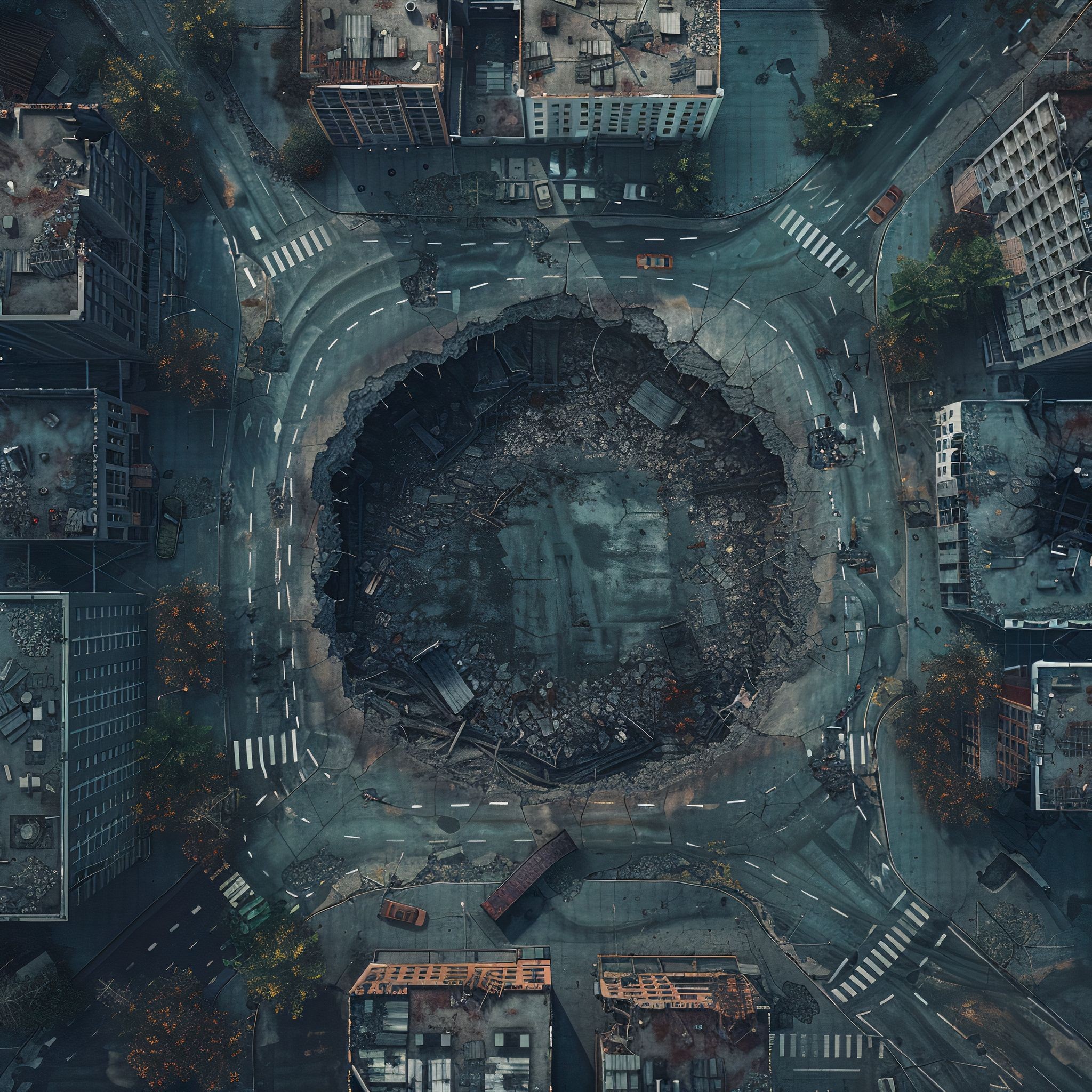 post apocalyptic city map, carte de JDR post-apocalyptique (2048×2048 pixels) — battlemap pour Roll20 et Foundry VTT.