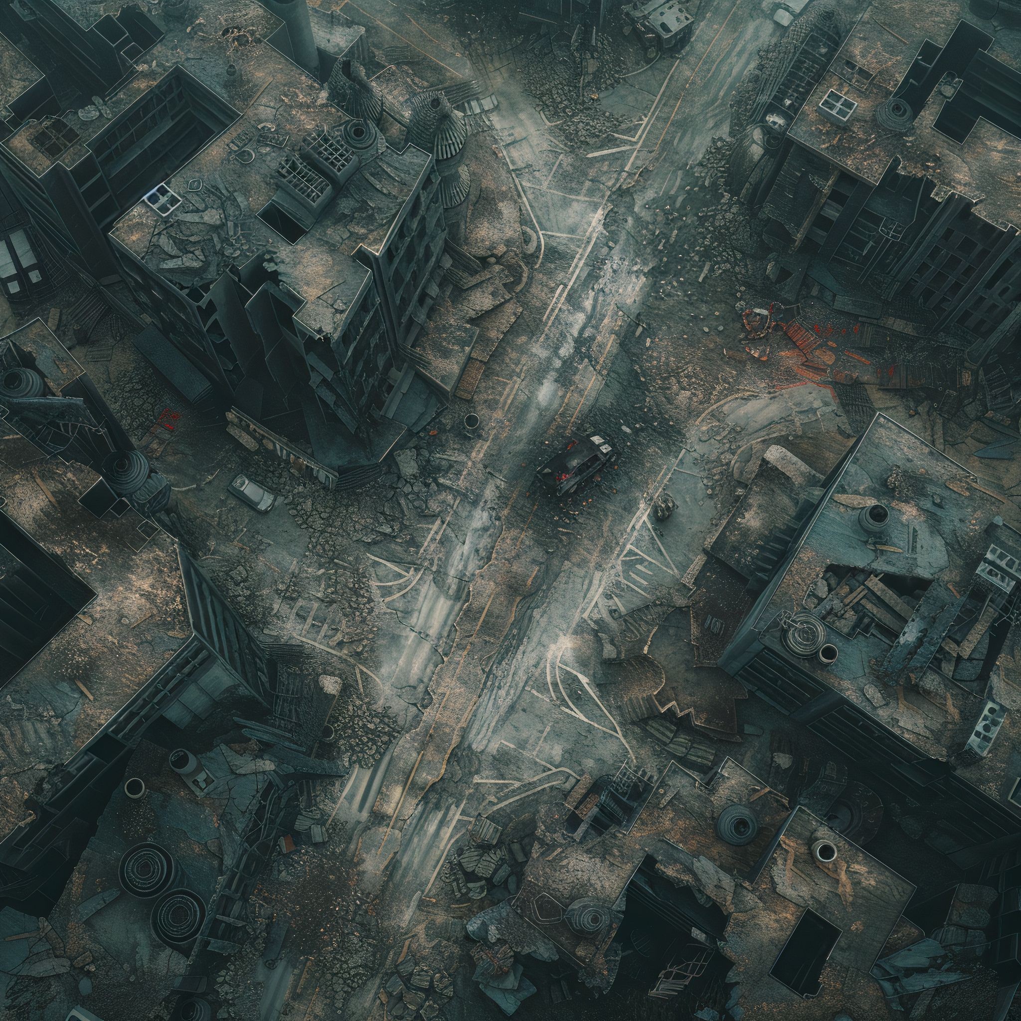 post apocalyptic city map, carte de JDR post-apocalyptique (2048×2048 pixels) — battlemap pour Roll20 et Foundry VTT.