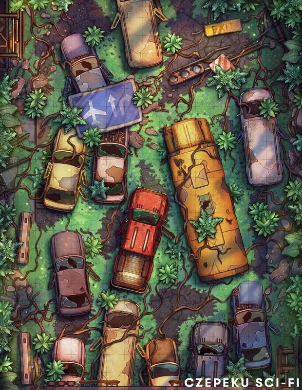 post apocalyptic highway map, carte de JDR post-apocalyptique (620×802 pixels) — battlemap pour Roll20 et Foundry VTT.