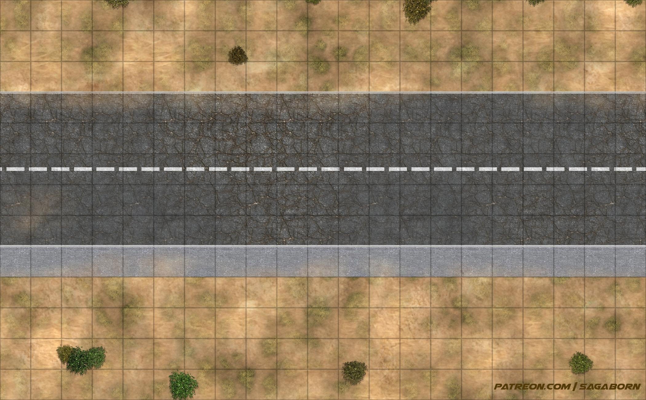 post apocalyptic highway map, carte de JDR post-apocalyptique (2101×1301 pixels) — battlemap pour Roll20 et Foundry VTT.