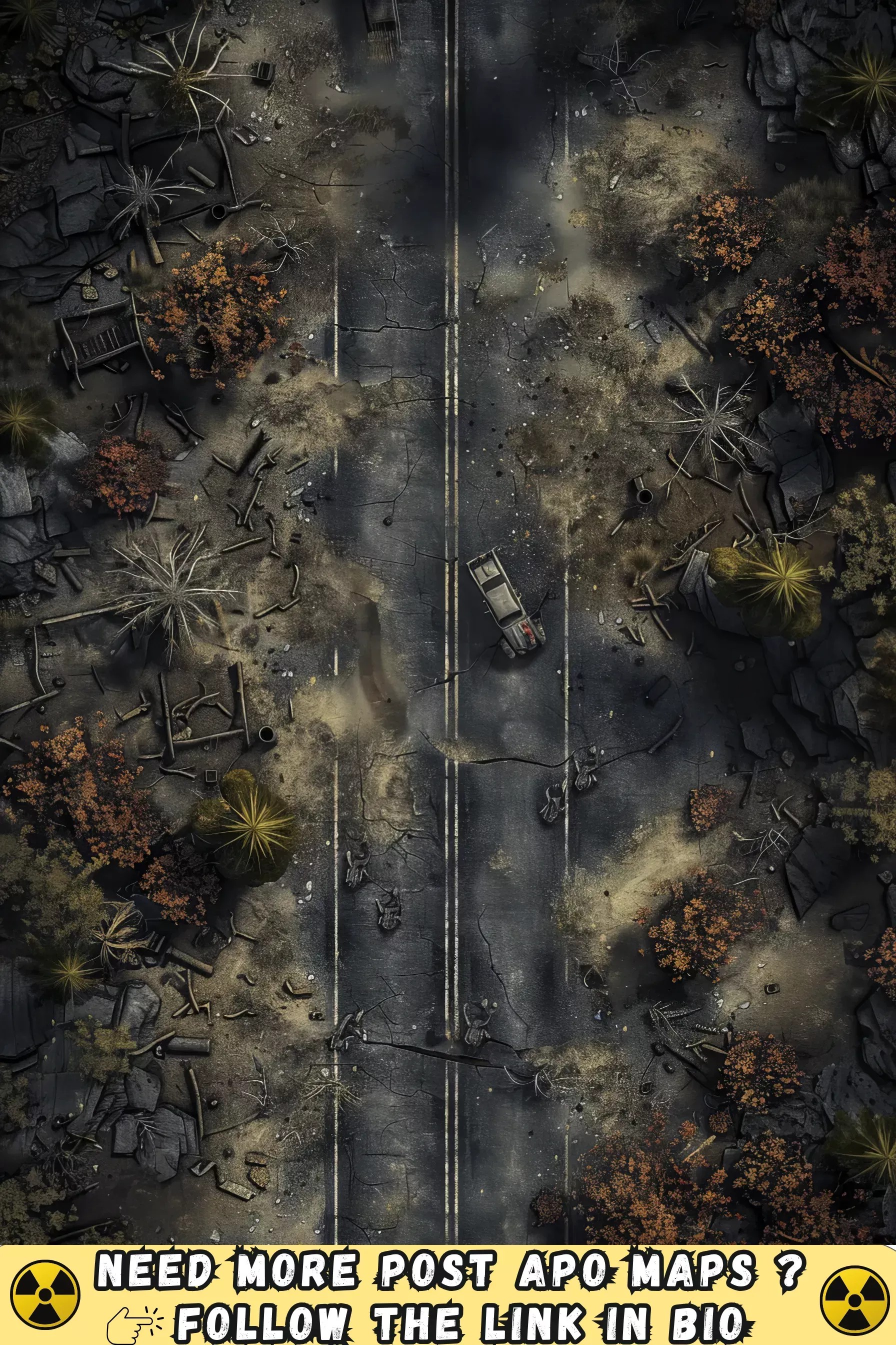 post apocalyptic highway map, carte de JDR post-apocalyptique (1792×2688 pixels) — battlemap pour Roll20 et Foundry VTT.