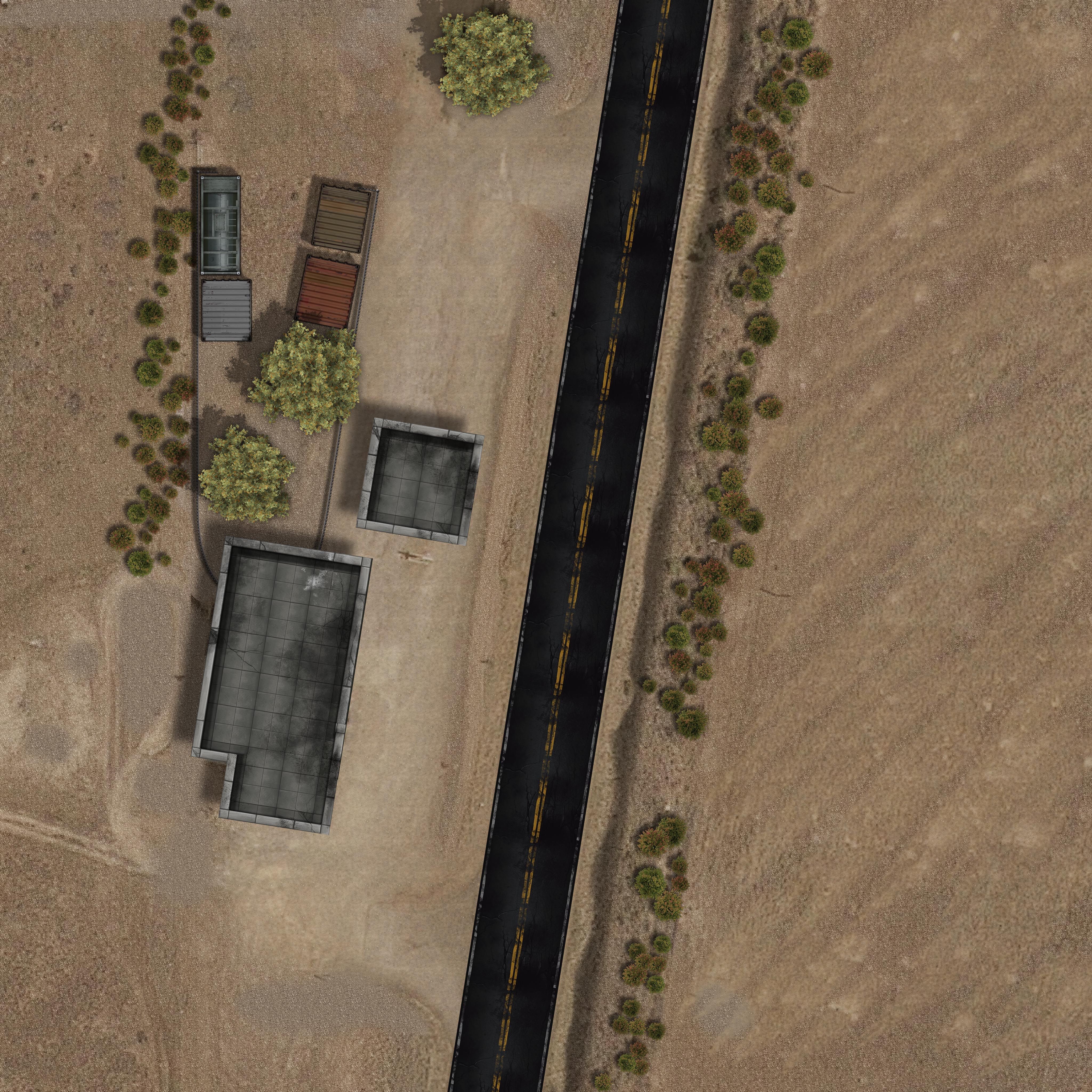 post apocalyptic highway map, carte de JDR post-apocalyptique (4098×4098 pixels) — battlemap pour Roll20 et Foundry VTT.