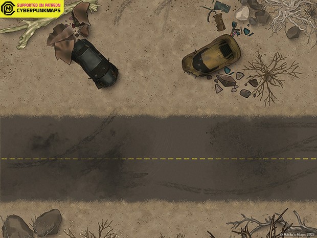 post apocalyptic highway map, carte de JDR post-apocalyptique (620×465 pixels) — battlemap pour Roll20 et Foundry VTT.