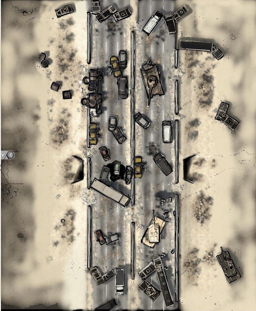 post apocalyptic highway map, carte de JDR post-apocalyptique (843×1024 pixels) — battlemap pour Roll20 et Foundry VTT.
