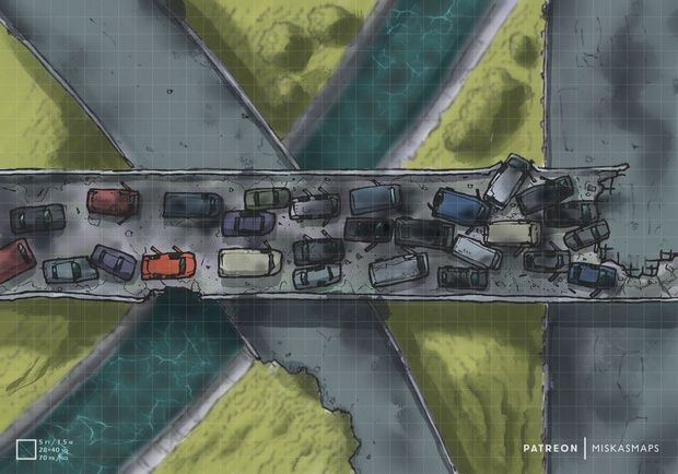 post apocalyptic highway map, carte de JDR post-apocalyptique (620×434 pixels) — battlemap pour Roll20 et Foundry VTT.