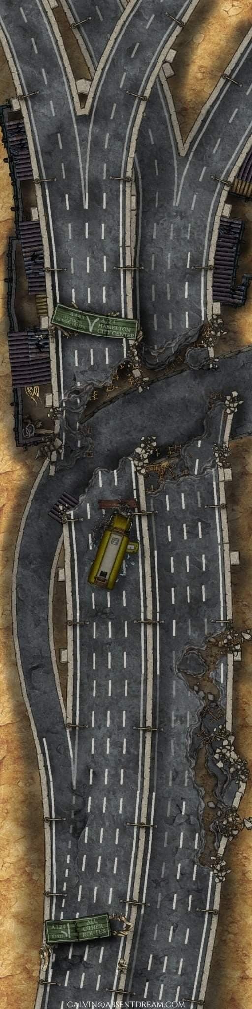 post apocalyptic highway map, carte de JDR post-apocalyptique (512×2048 pixels) — battlemap pour Roll20 et Foundry VTT.