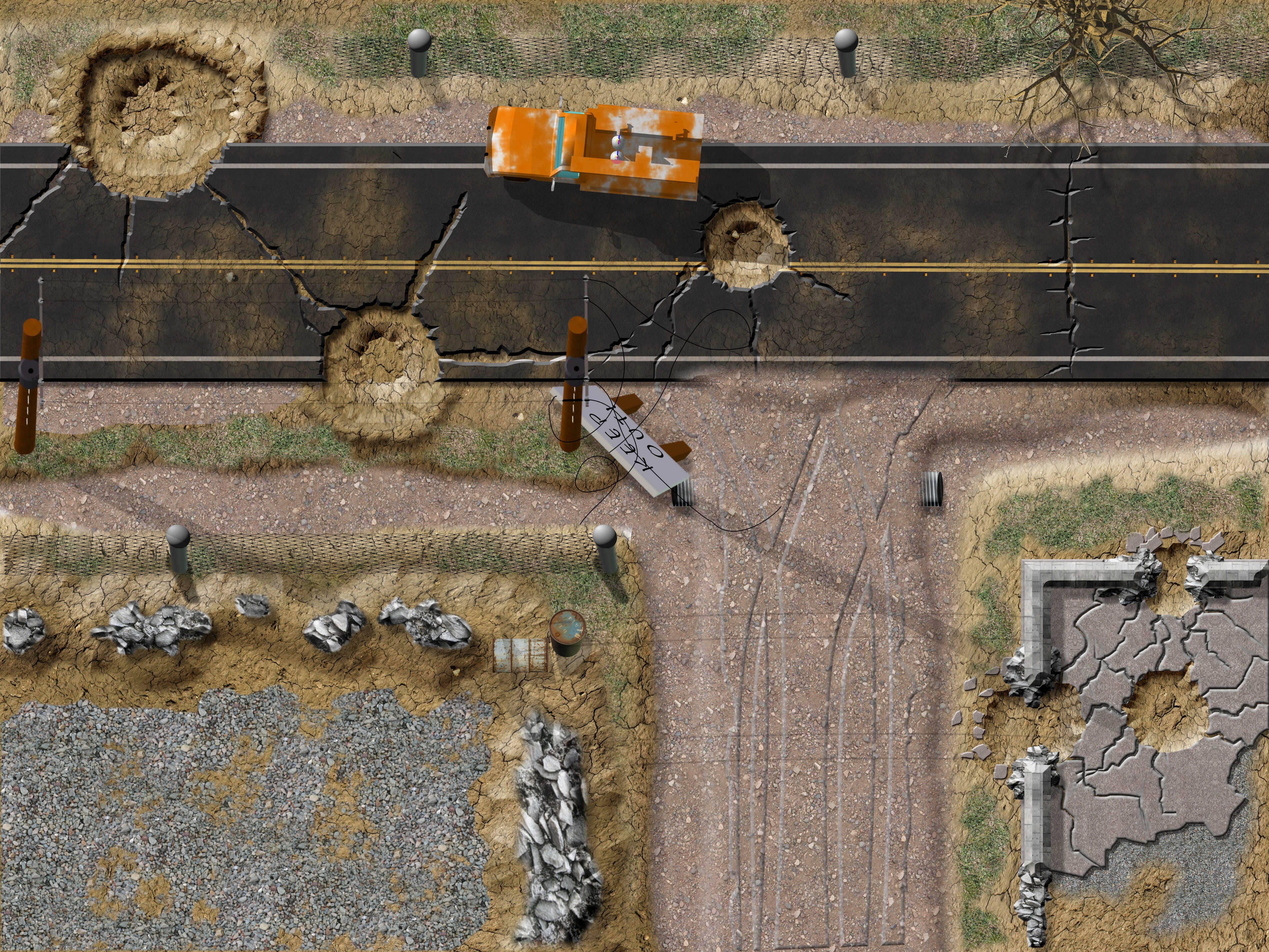 post apocalyptic highway map, carte de JDR post-apocalyptique (4798×3600 pixels) — battlemap pour Roll20 et Foundry VTT.