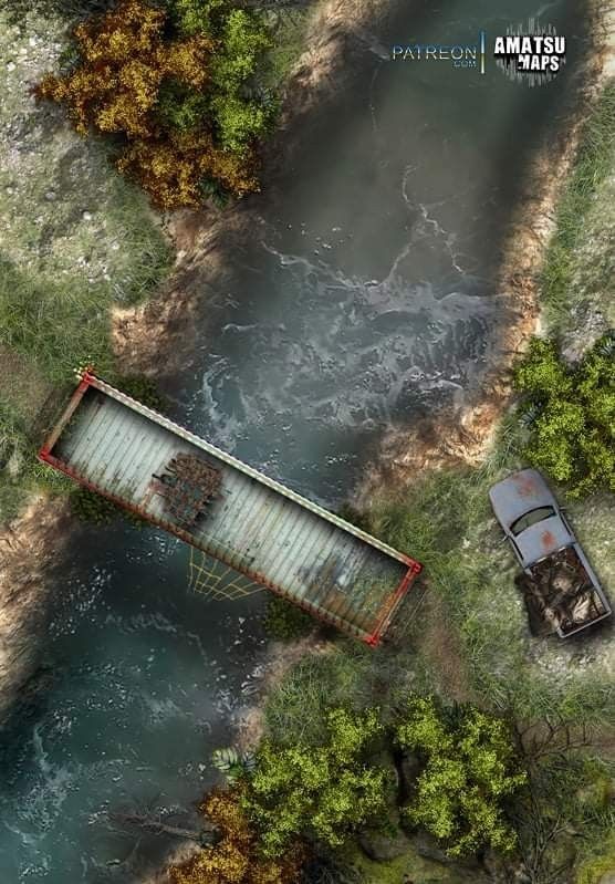post apocalyptic highway map, carte de JDR post-apocalyptique (556×799 pixels) — battlemap pour Roll20 et Foundry VTT.