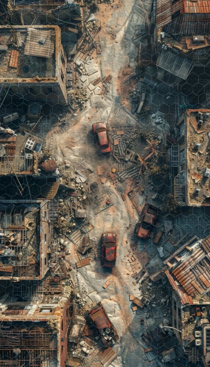 post apocalyptic ruins map, carte de JDR post-apocalyptique (686×1200 pixels) — battlemap pour Roll20 et Foundry VTT.