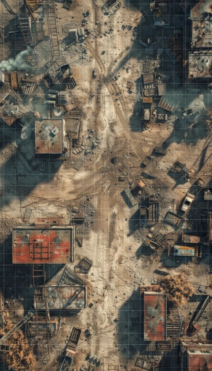 post apocalyptic ruins map, carte de JDR post-apocalyptique (686×1200 pixels) — battlemap pour Roll20 et Foundry VTT.