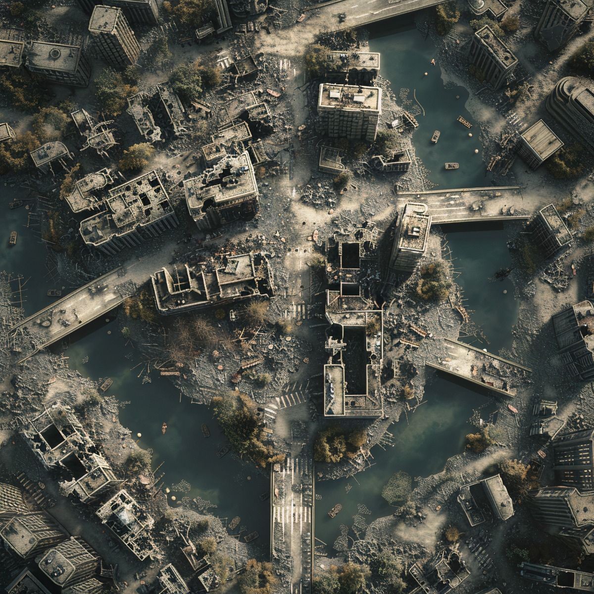 post apocalyptic ruins map, carte de JDR post-apocalyptique (1200×1200 pixels) — battlemap pour Roll20 et Foundry VTT.