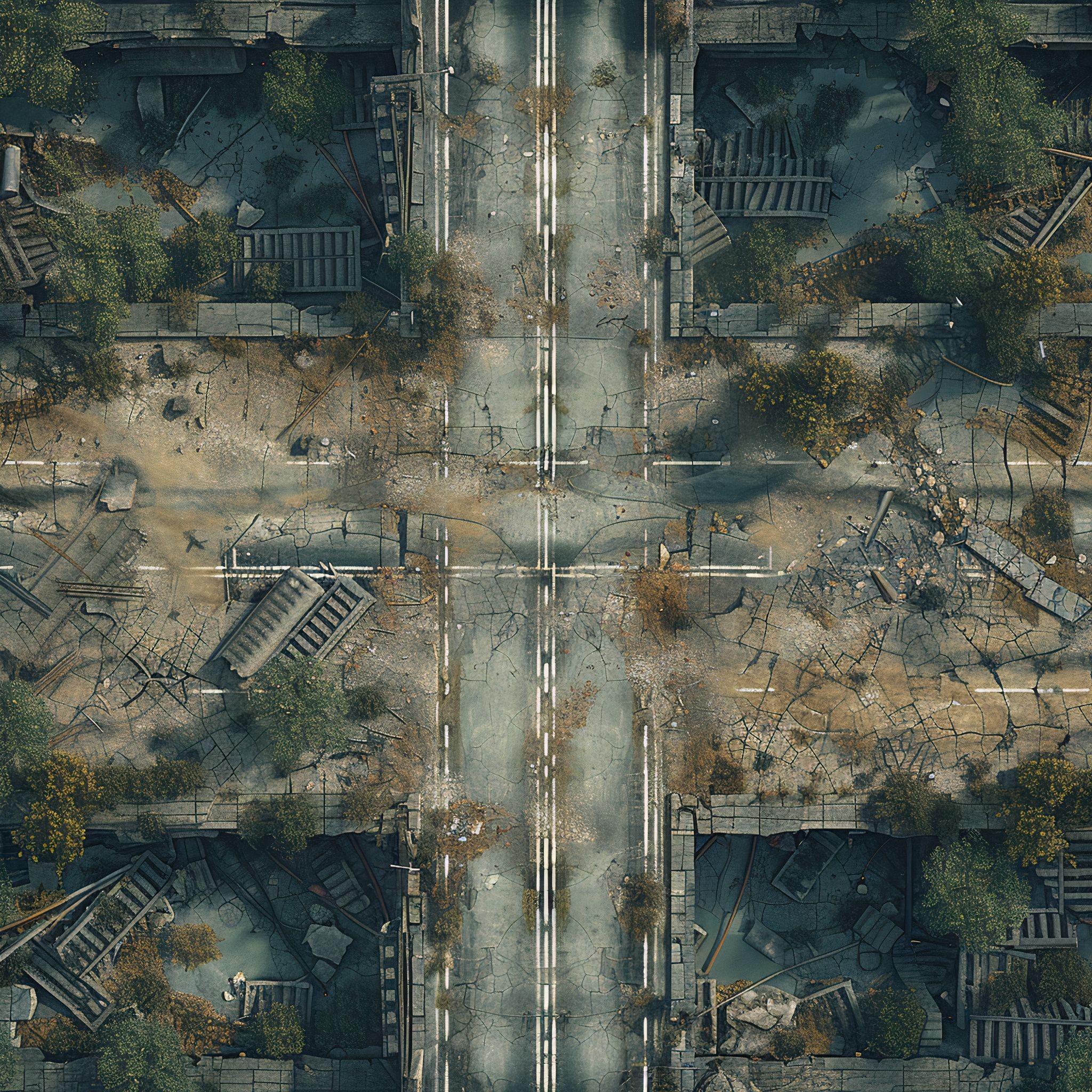 post apocalyptic ruins map, carte de JDR post-apocalyptique (2048×2048 pixels) — battlemap pour Roll20 et Foundry VTT.