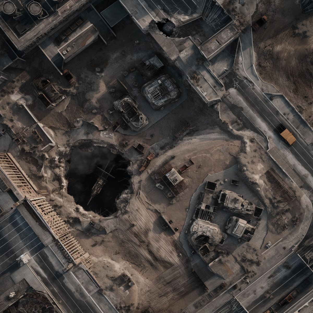 post apocalyptic ruins map, carte de JDR post-apocalyptique (1200×1200 pixels) — battlemap pour Roll20 et Foundry VTT.