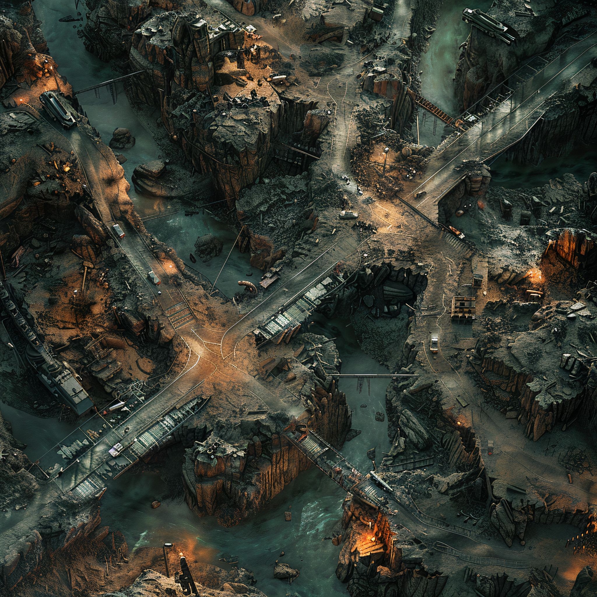 post apocalyptic ruins map, carte de JDR post-apocalyptique (2048×2048 pixels) — battlemap pour Roll20 et Foundry VTT.