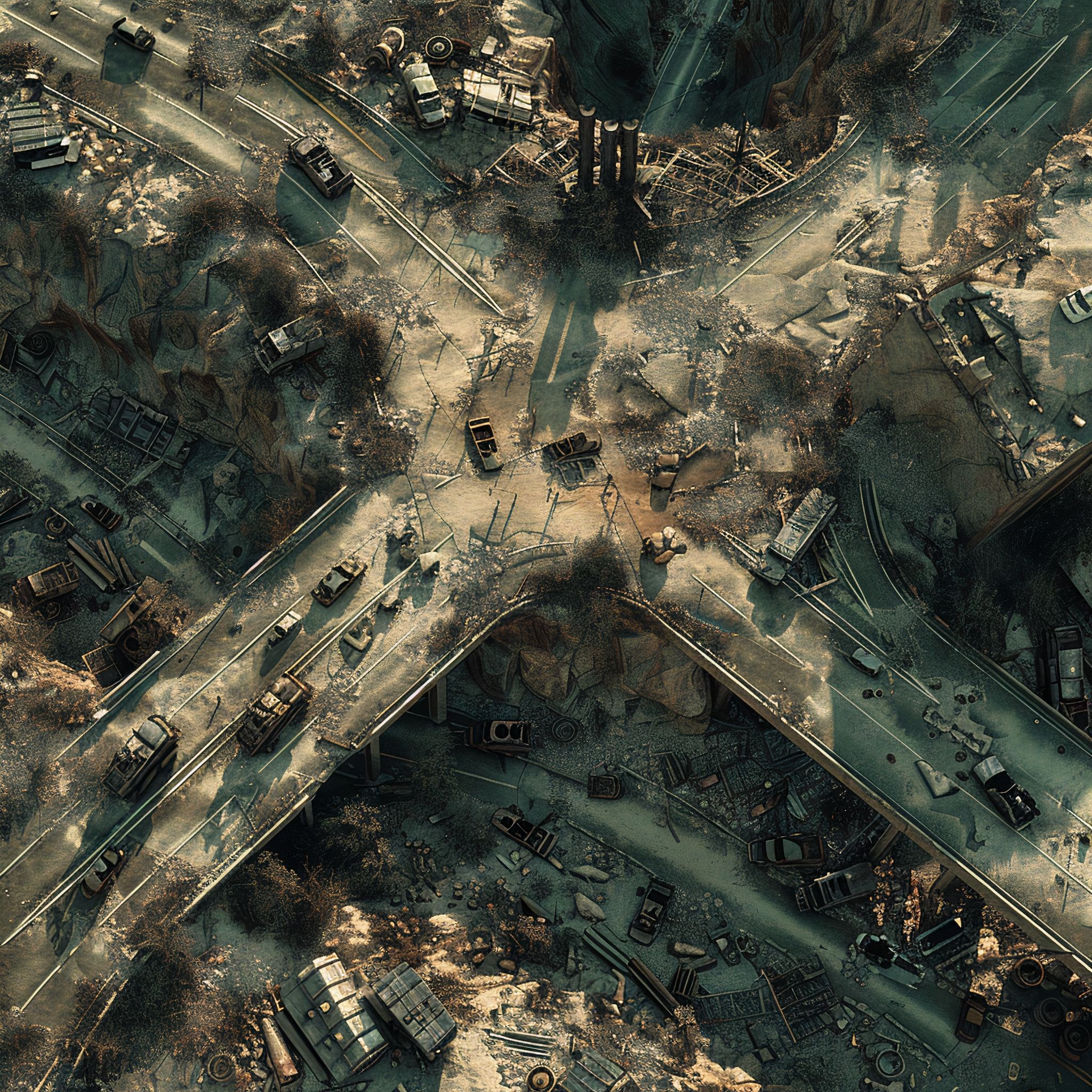 post apocalyptic ruins map, carte de JDR post-apocalyptique (2048×2048 pixels) — battlemap pour Roll20 et Foundry VTT.