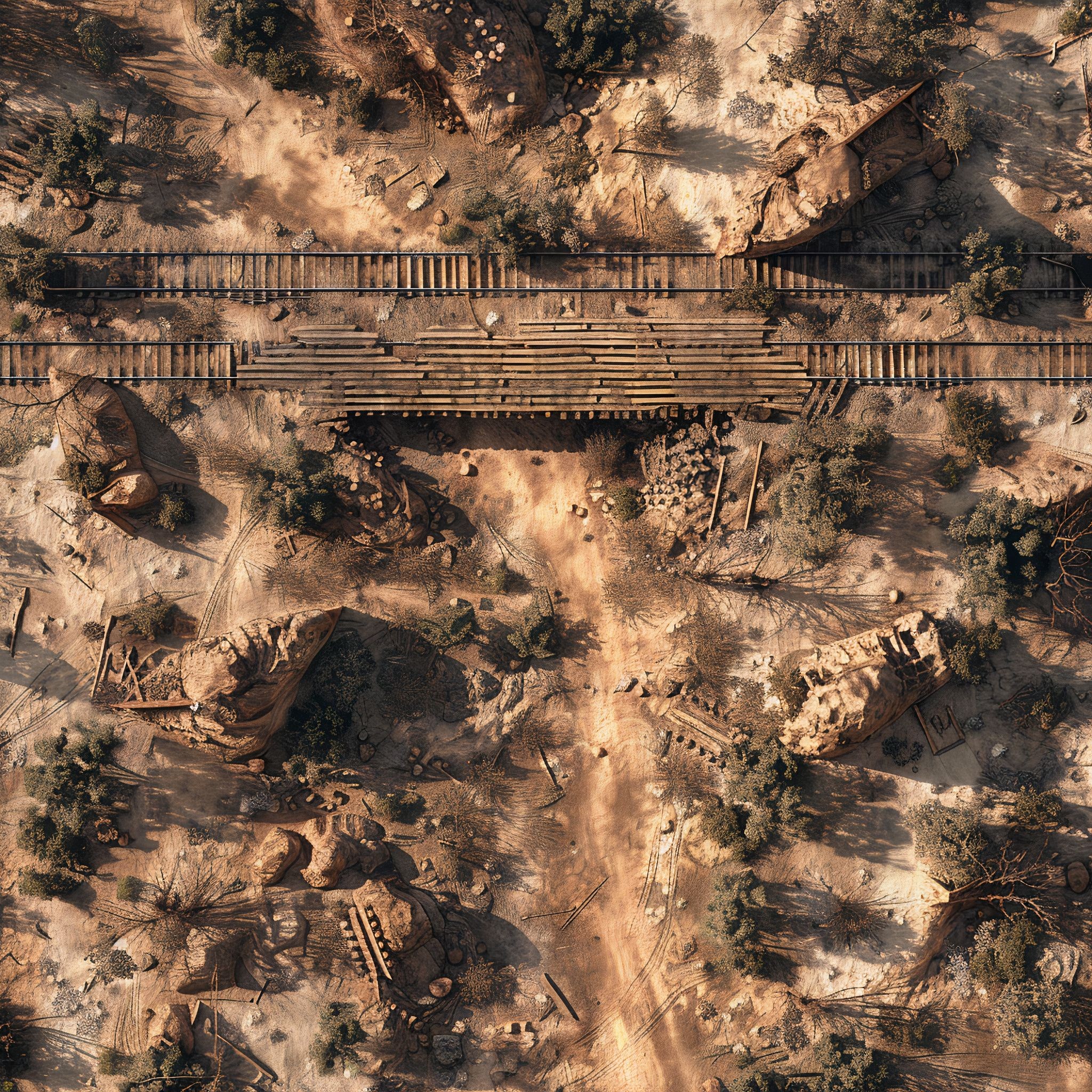 post apocalyptic ruins map, carte de JDR post-apocalyptique (2048×2048 pixels) — battlemap pour Roll20 et Foundry VTT.