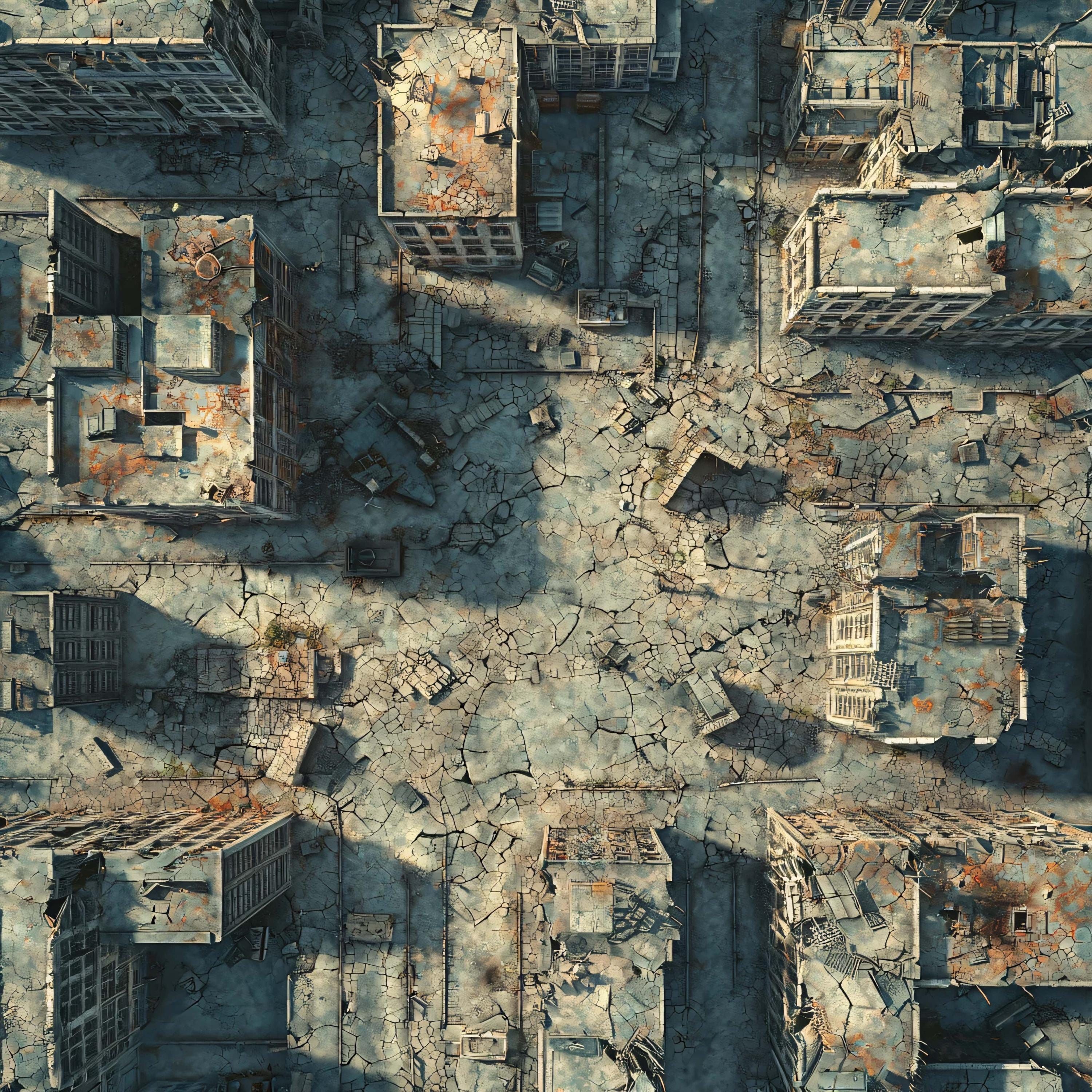 post apocalyptic ruins map, carte de JDR post-apocalyptique (3000×3000 pixels) — battlemap pour Roll20 et Foundry VTT.