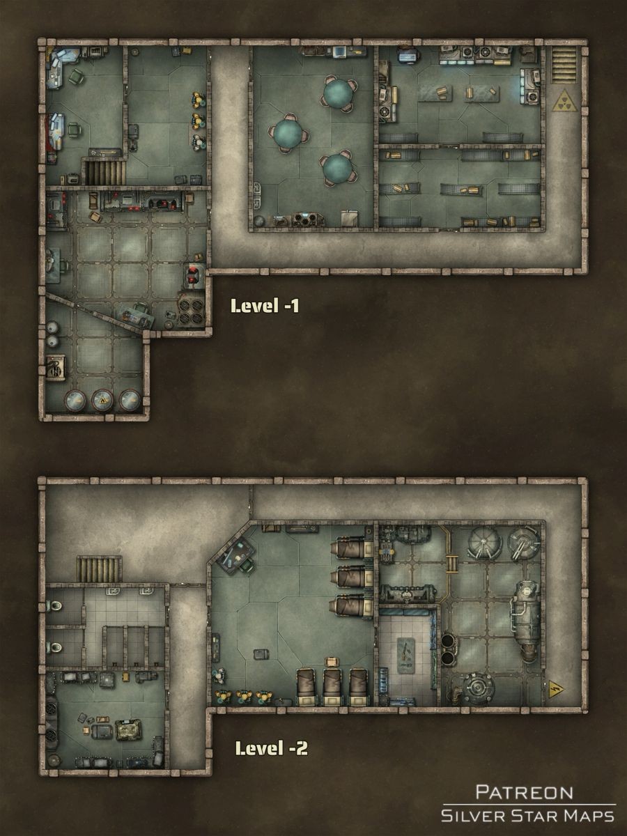 post nuclear bunker map, carte de JDR post-apocalyptique (900×1200 pixels) — battlemap pour Roll20 et Foundry VTT.
