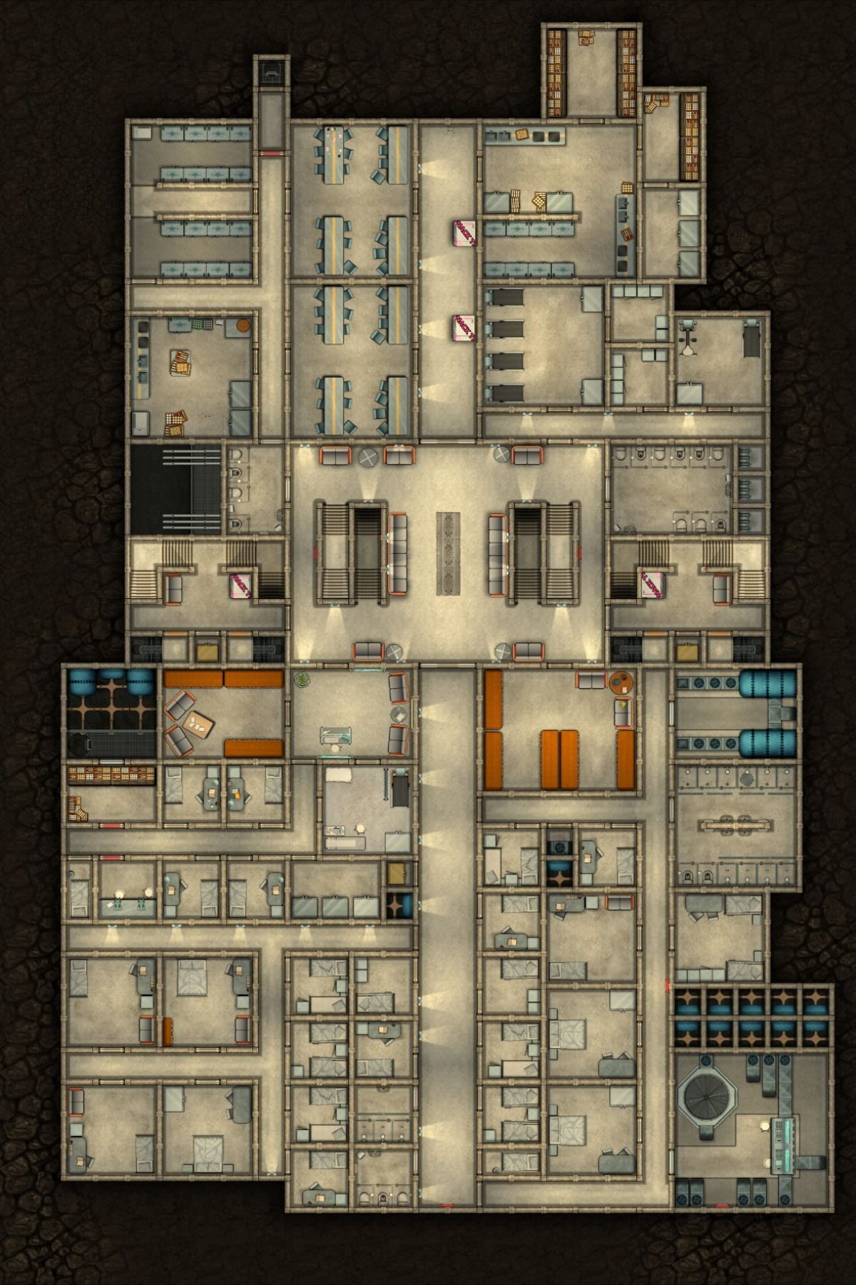 post nuclear bunker map, carte de JDR post-apocalyptique (1200×1800 pixels) — battlemap pour Roll20 et Foundry VTT.