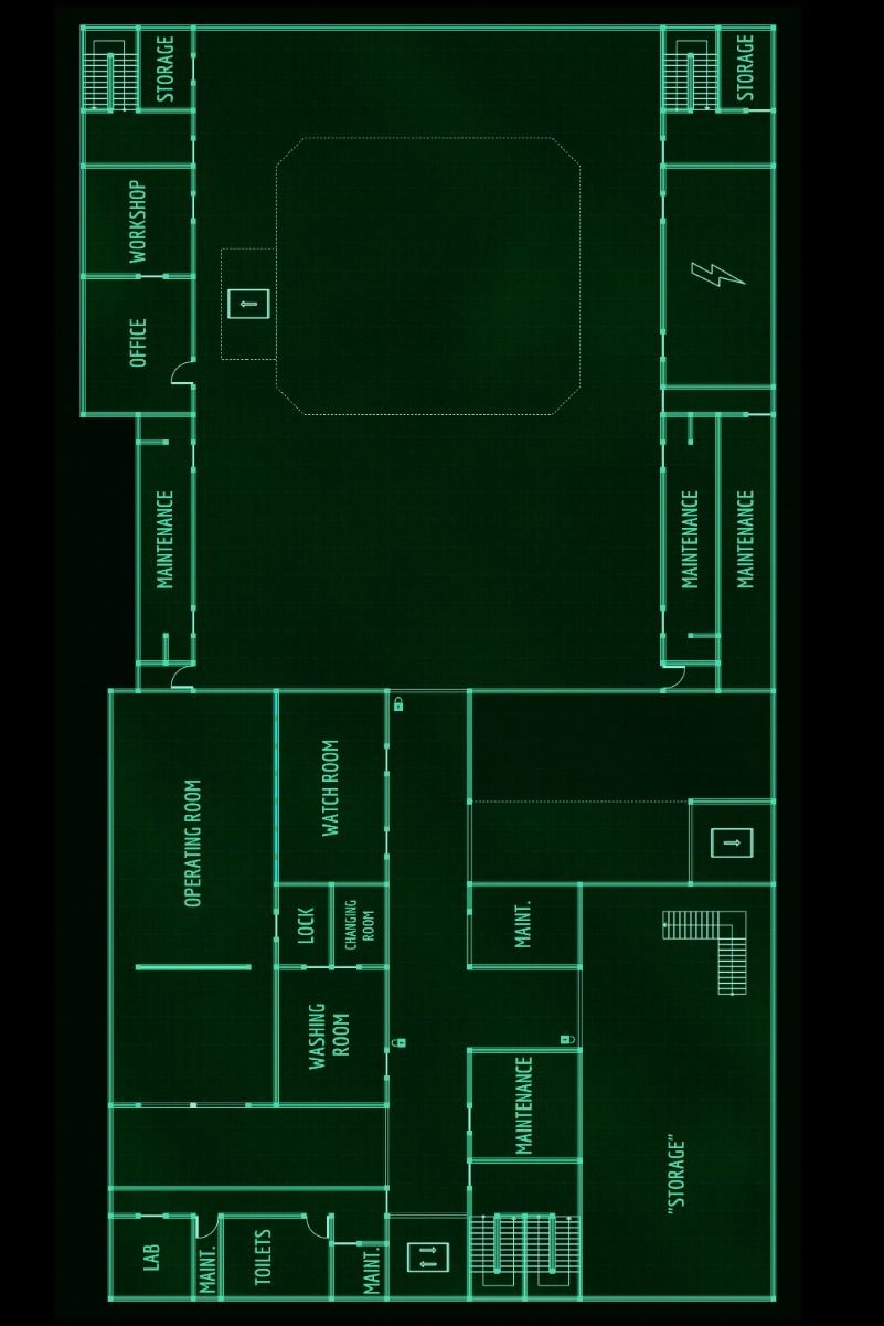 post nuclear bunker map, carte de JDR post-apocalyptique (801×1201 pixels) — battlemap pour Roll20 et Foundry VTT.