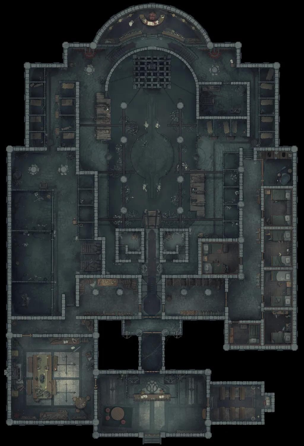 prison map dnd, carte de JDR fantasy (1025×1500 pixels) — battlemap pour Roll20 et Foundry VTT.